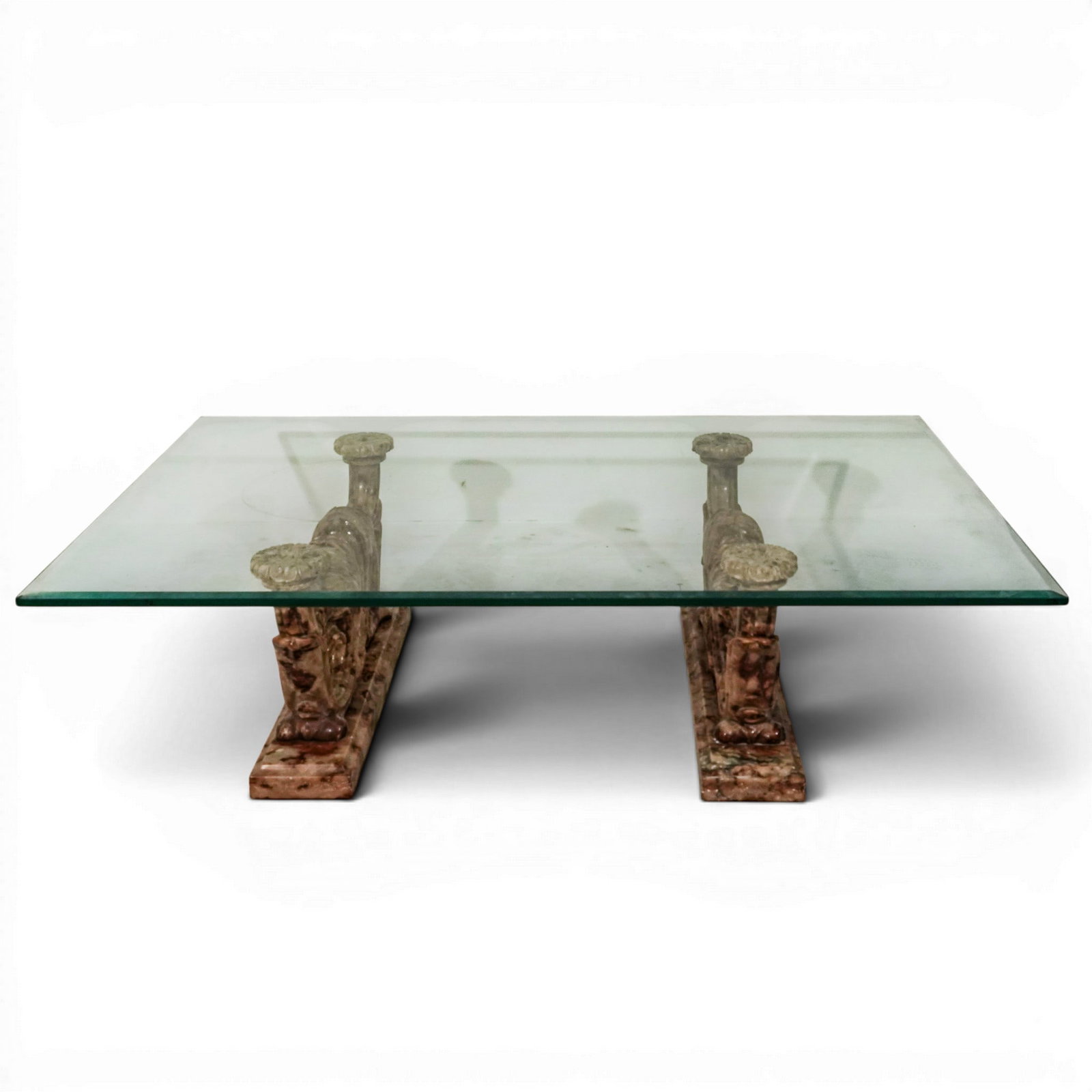 Antique Rococo Style Carved Alabaster Base and Glass Coffee Table: Antique Rococo Style Carved Alabaster Base and Glass Coffee Table Early 20th Cent, European Rococo style carved alabaster base featuring a scrolling foliate design with two raised candle platforms. Ex
