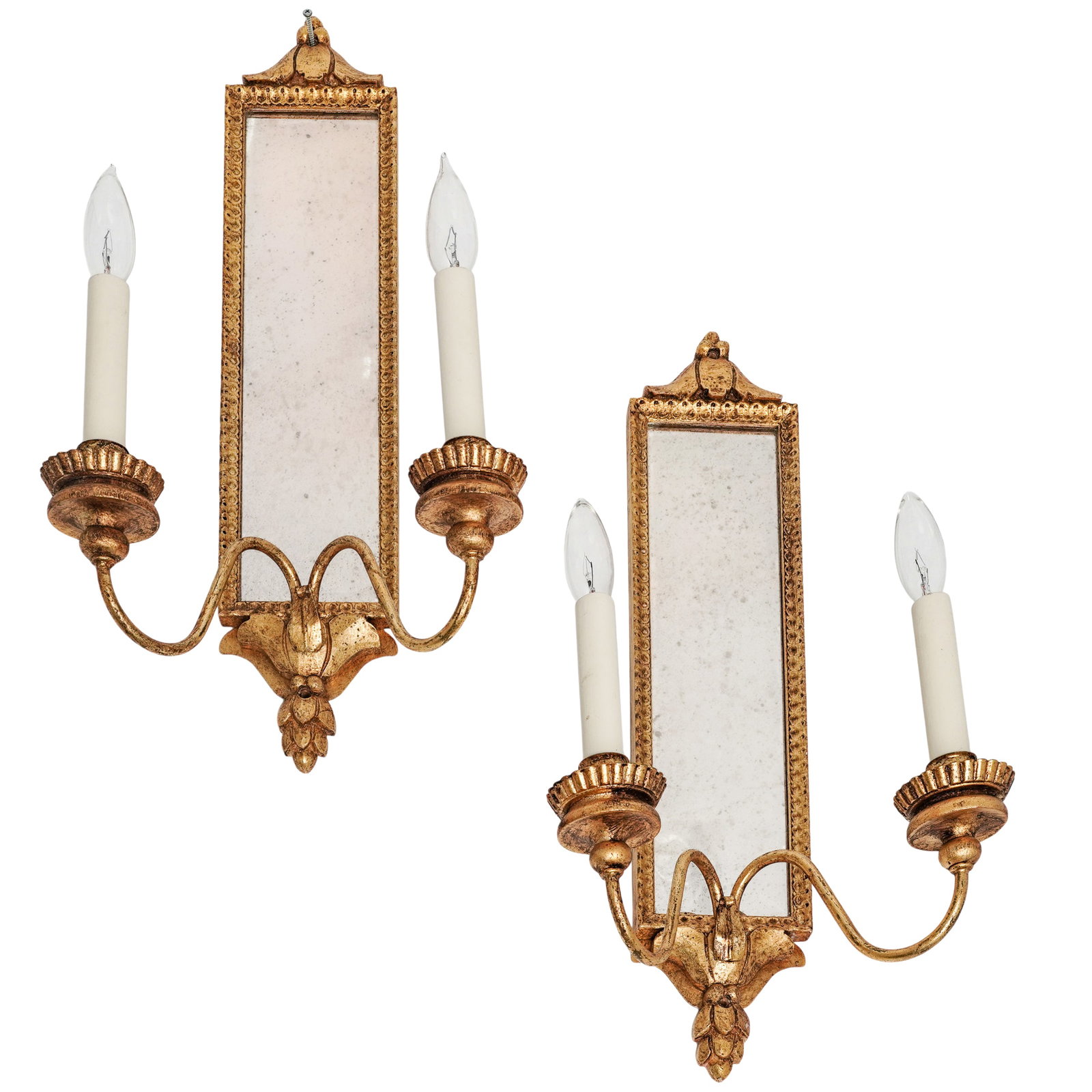 Pair Neoclassical Style Mirrored Gilt Wood Wall Sconces: Pair Neoclassical Style Mirrored Gilt Wood Wall Sconces 20th century, USA Pair of matching vintage Neoclassical style two-light gilt wood wall sconces featuring an integrated mirror backing. #19049 ea