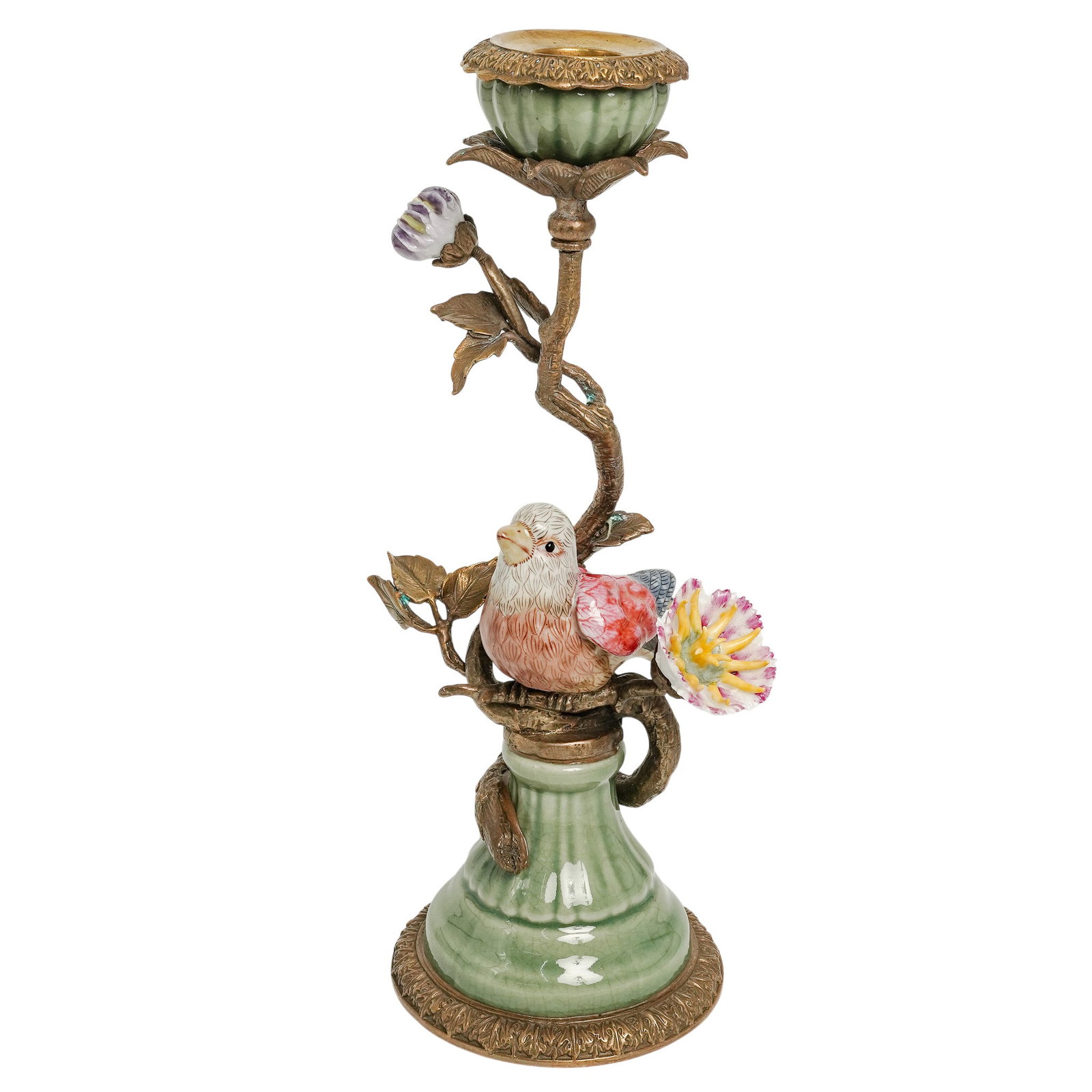 Mark Robert’s Whimsical Bronze & Porcelain Bird Candlestick Holder: Mark Robert’s Whimsical Bronze & Porcelain Bird Candlestick Holder 20th century, China Mark Roberts' whimsical bird candlestick holders are centerpiece-quality decorative accents from his "Maison du