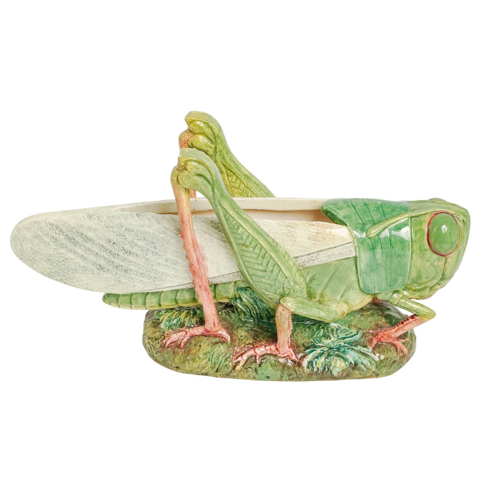 19th Cent. French Delphin Massier Magolica Grasshopper Vase: 19th Cent. French Delphin Massier Magolica Grasshopper Vase 19th Cent., French This is a rare 19th-century French majolica grasshopper vase produced by the esteemed Delphin Massier workshop in