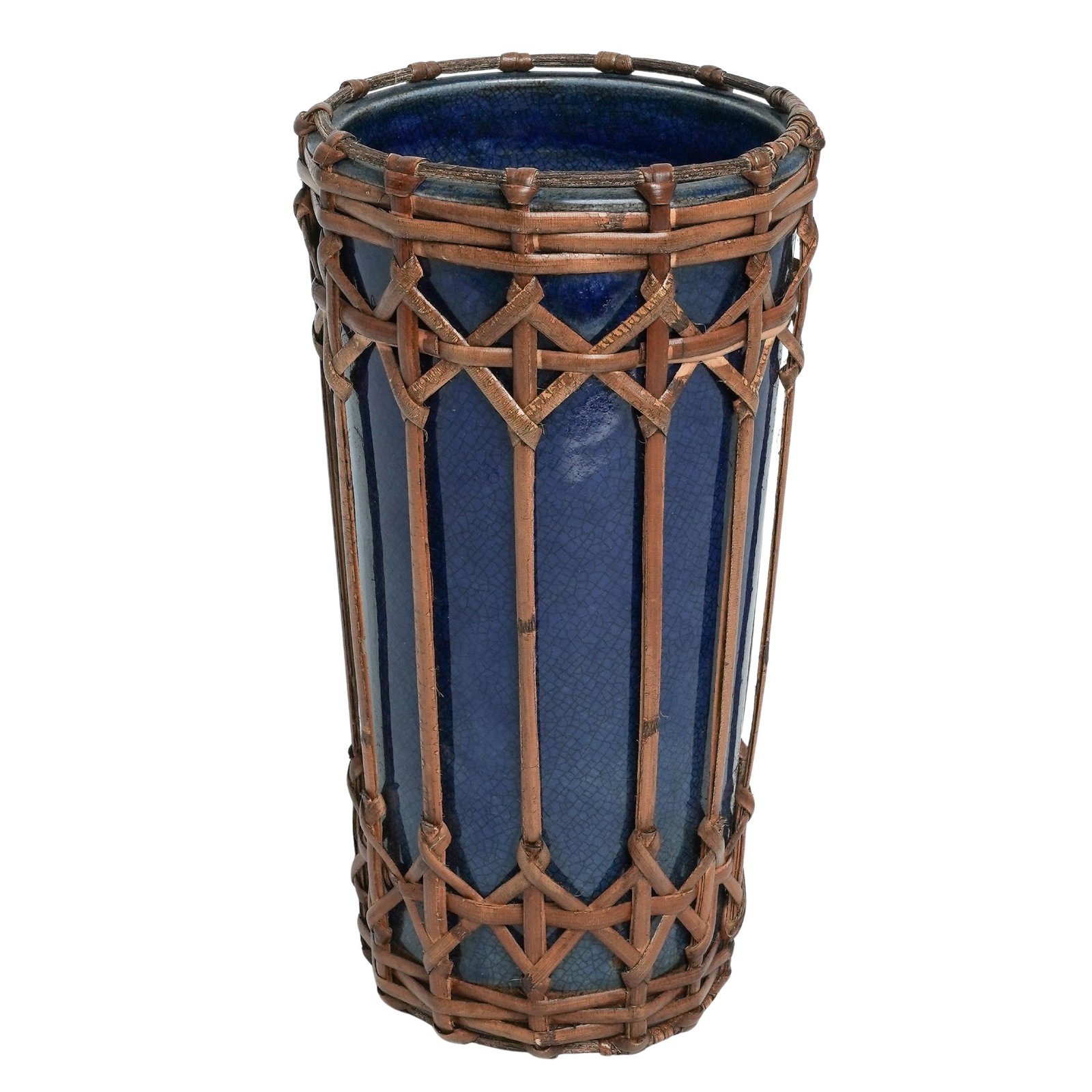 Japanese Cobalt Blue Awaji-yaki Pottery Vase w/ Bamboo Overlay (1 of 6)