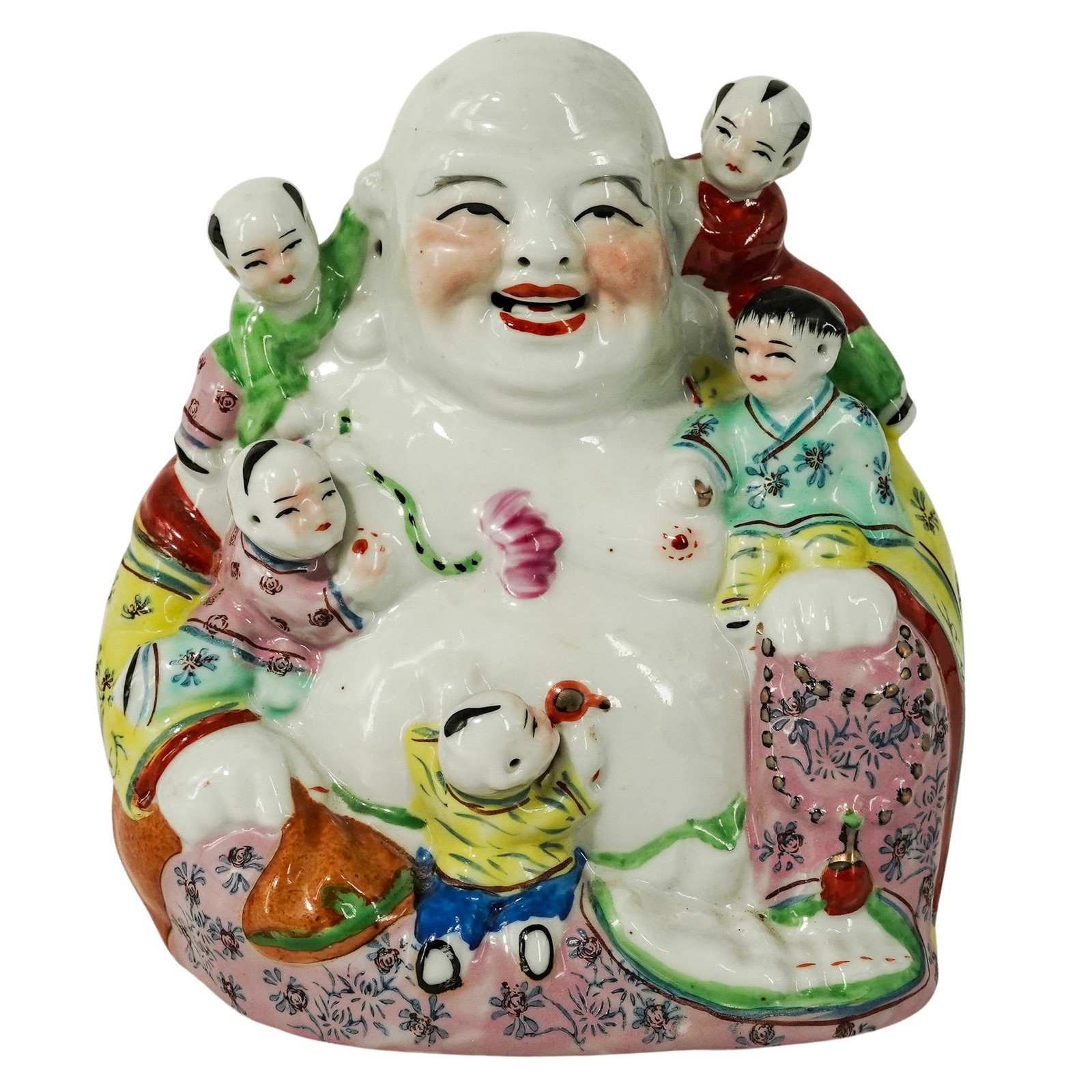 Chinese Republic Famille Rose Laughing Buddha Porcelain Figurine: Chinese Republic Famille Rose Laughing Buddha Porcelain Figurine Early to Mid 20th Cent., Chinese Chinese Famille Rose enameled porcelain figure, representing the Laughing Buddha (Budai), produced for