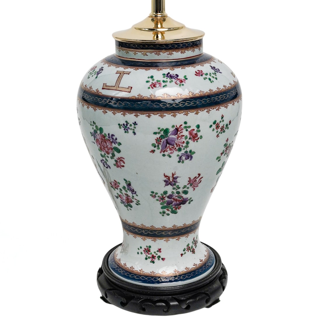 Chinese Export Porcelain Table Lamp: Chinese Export Porcelain Table Lamp 20th Cent.,Chinese This Chinese table lamp features hand-painted floral sprays in the Famille Rose palette—characterized by delicate pinks, greens, and purples—