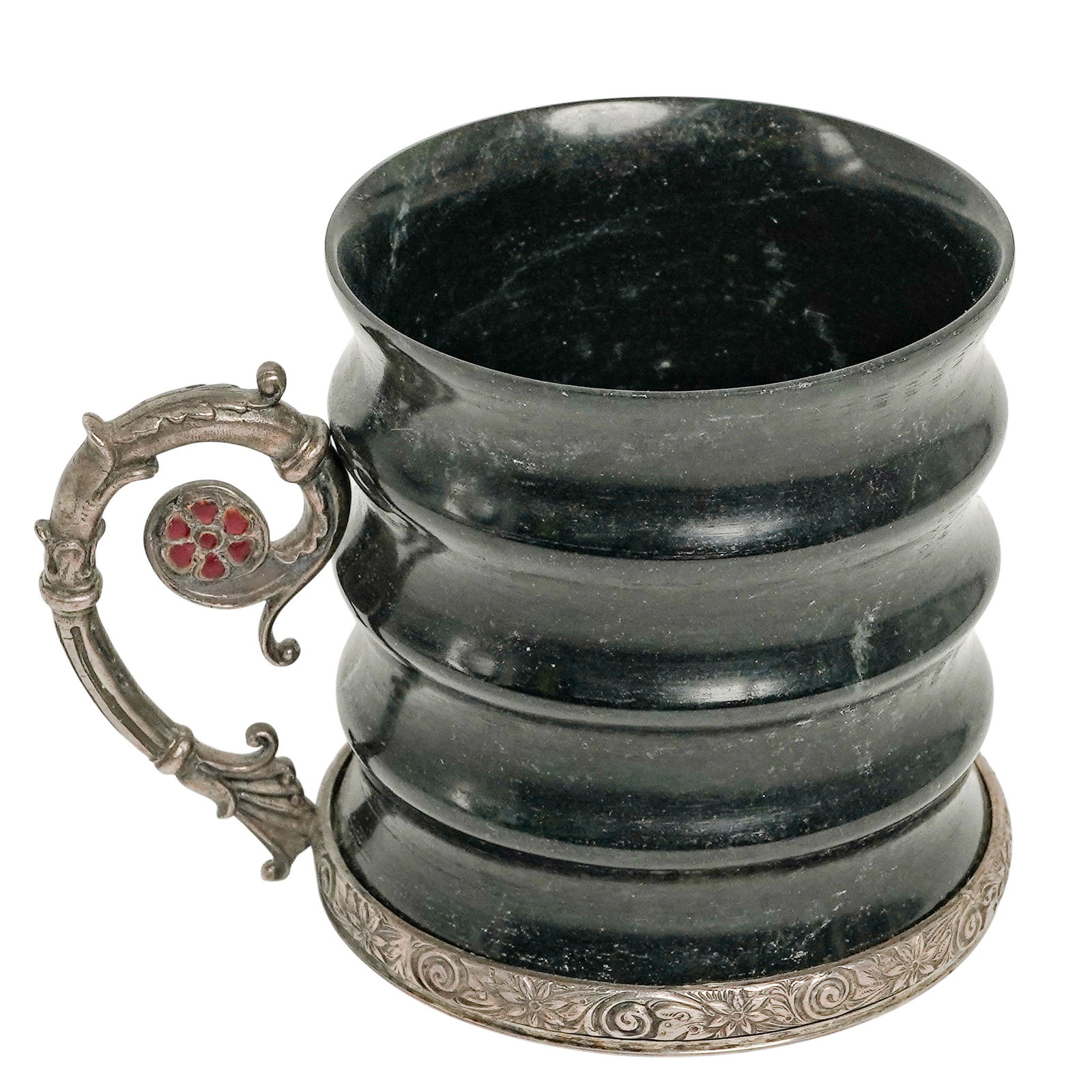 Antique Faberge Era Silver & Spinach Jade Tea Glass Holder: Antique Faberge Era Silver & Spinach Jade Tea Glass Holder 20th Century, Russia Antique Fabergé-Style Silver & Spinach Jade Tea Glass Holder. Features a carved spinach jade cup mounted in an ornate s