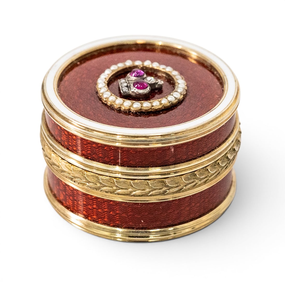 Imperial Faberge Era Gilded Silver & Enamel Box: Imperial Faberge Era Gilded Silver & Enamel Box Late 20th century, Russian Round 84 silver gilt trinket or pill box with red guilloché enamel lid, white enamel border, pearl-set circular trim, and ap