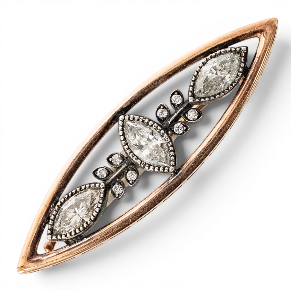 Imperial Faberge Era Rose Gold Diamond Brooch: Imperial Faberge Era Rose Gold Diamond Brooch 1890s-1910s, Russian Antique Russian bar brooch in 56 zolotnik gold with silver-topped diamond settings, navette-form frame, and foliate diamond design. S