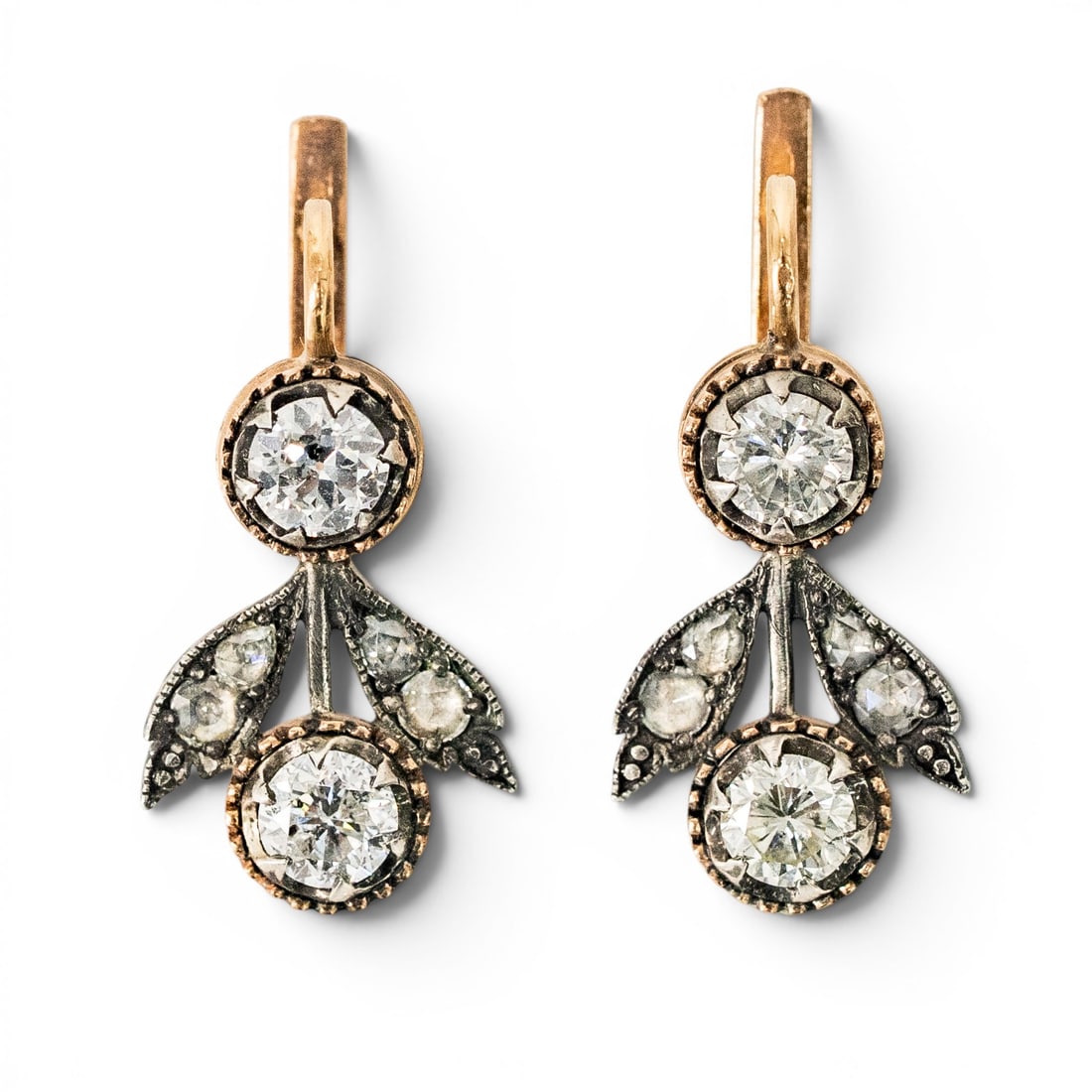 Imperial Faberge Era Rose Gold & Diamond Earrings: Imperial Faberge Era Rose Gold & Diamond Earrings 1890s-1910s, Russian Antique Russian drop earrings in 56 zolotnik gold with silver-topped diamond settings, lever-back ear wires, and foliate drop for