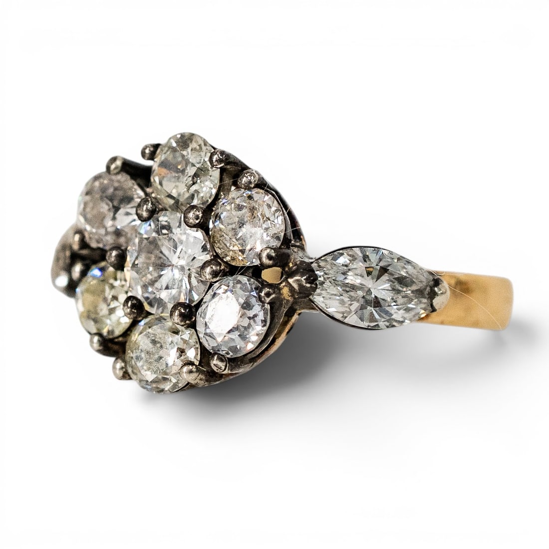 Art Deco Imperial Rose Gold & Diamond Ring: Art Deco Imperial Rose Gold & Diamond Ring 1890s-1910s, Russian Antique Russian diamond cluster ring in 56 zolotnik gold with silver-topped diamond settings, round cluster face, and marquise diamond s