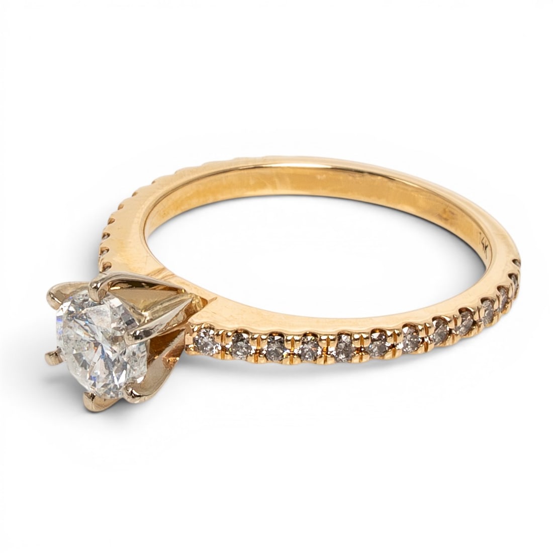 14k Yellow Gold Diamond Engagement Ring: 14k Yellow Gold Diamond Engagement Ring 21st Century 14k yellow gold diamond engagement ring featuring a round brilliant-cut center diamond measuring approximately 5.85mm and weighing approximately 0.