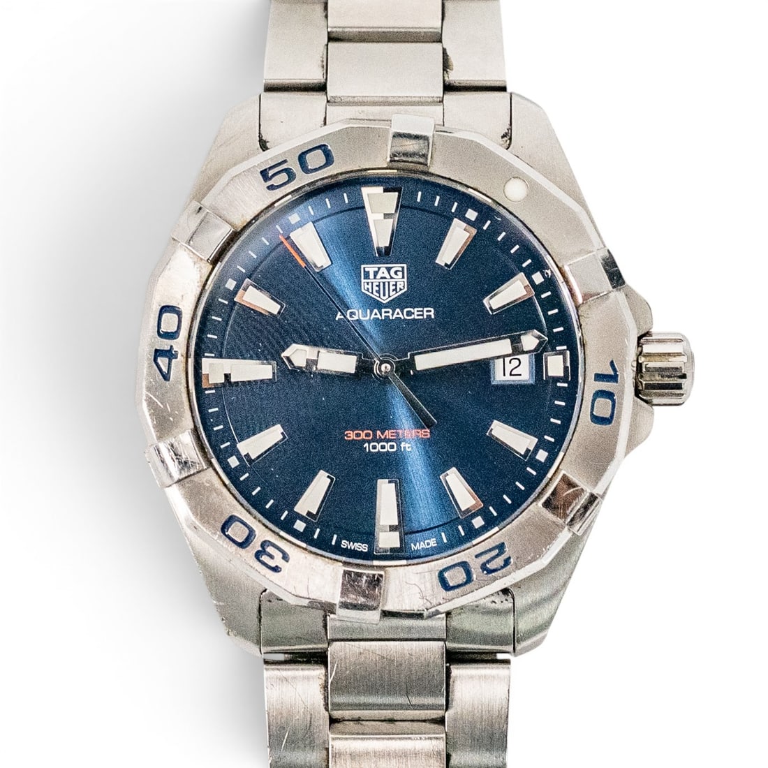 TAG Heuer Aquaracer 300M Stainless Steel Watch REF# WBD1112: TAG Heuer Aquaracer 300M Stainless Steel Watch REF# WBD1112 2010s-2020s, Swiss TAG Heuer Aquaracer quartz watch in stainless steel with blue sunburst dial, applied luminous markers, luminous hands, da