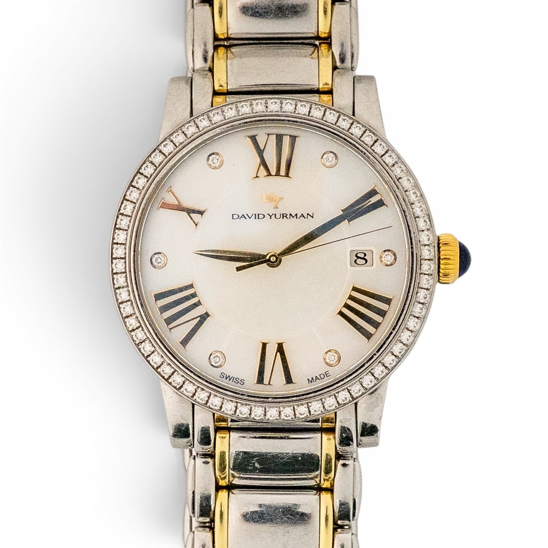 David Yurman Stainless Steel 18k Gold & Diamond Watch REF# T-716-M: David Yurman Stainless Steel 18k Gold & Diamond Watch REF# T-716-M 2000s, Swiss David Yurman quartz watch with stainless steel case, two-tone stainless steel and 18k gold bracelet, mother-of-pearl dia