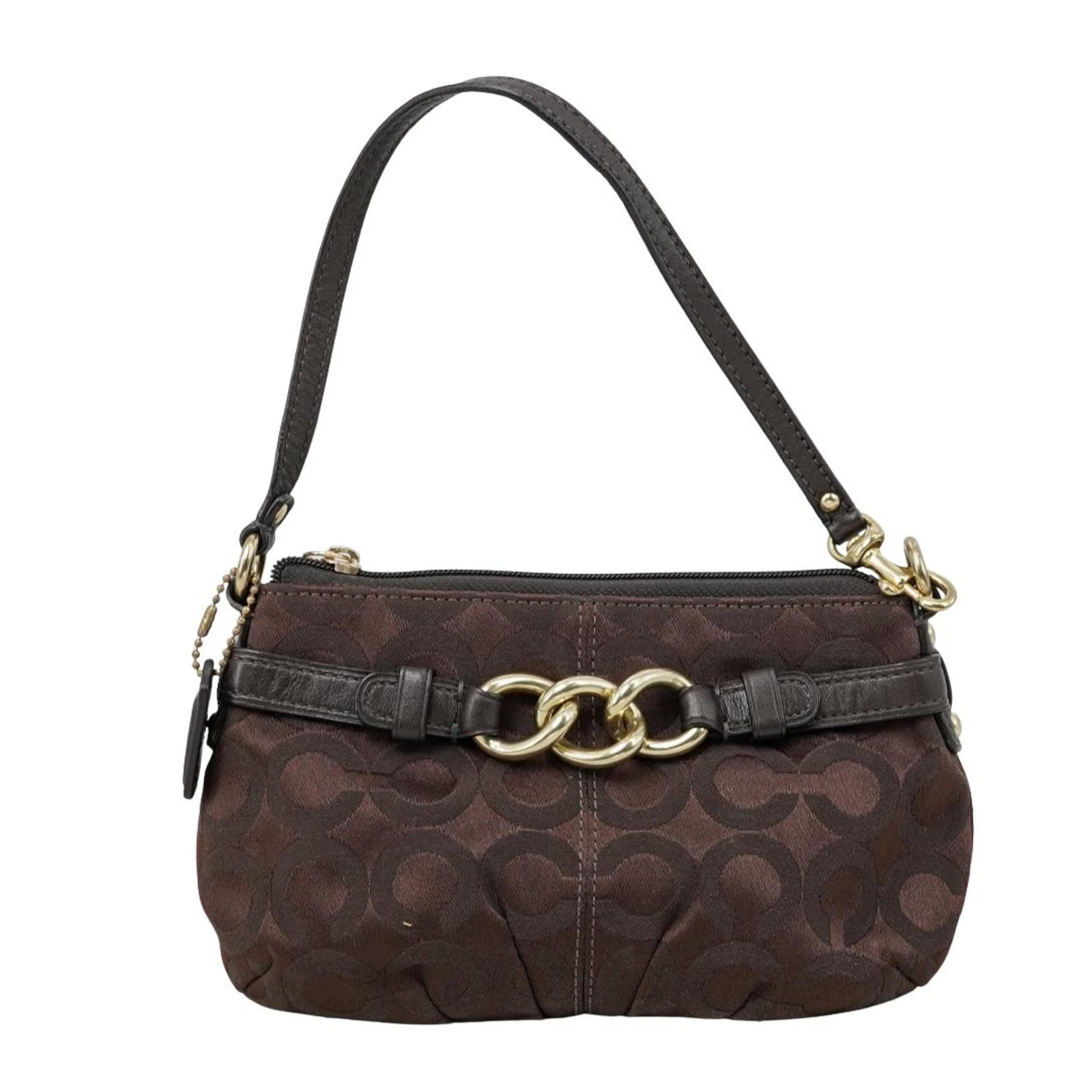 Vintage Coach Brown Signature Link Pochette Wristlet: Vintage Coach Brown Signature Link Pochette Wristlet Early 21st century, American A vintage Coach brown pochette wristlet in the signature link pattern with gold tone hardware. Marked with an embossed