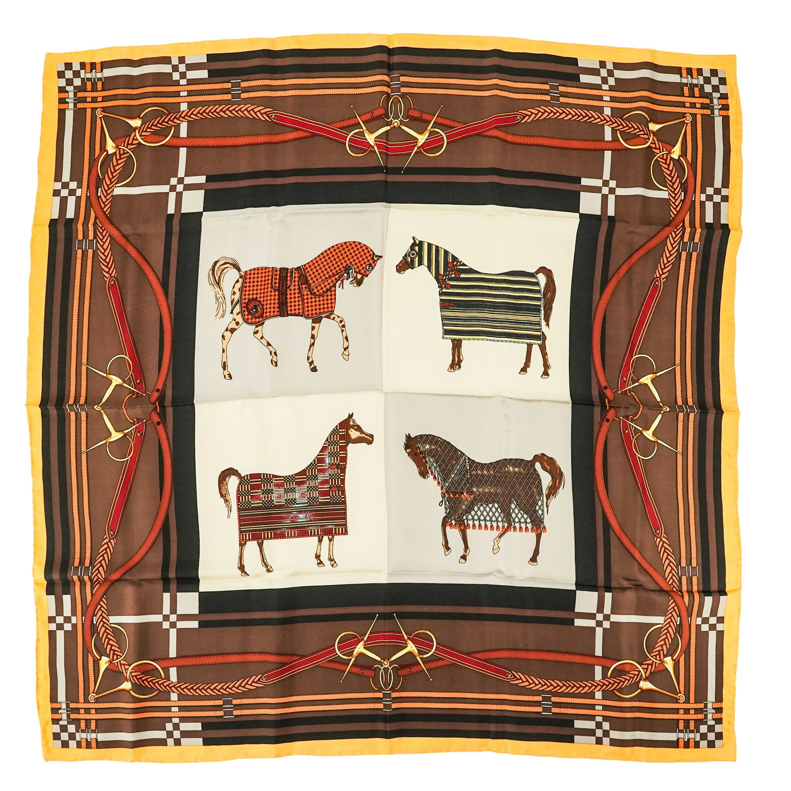 Hermes "Carre en Carres" 90 Silk Scarf: Hermes "Carre en Carres" 90 Silk Scarf 20th Cent.,French This Hermès silk scarf design is a "best of" compilation that celebrates the brand's equestrian heritage. It features four distinct quadrants,