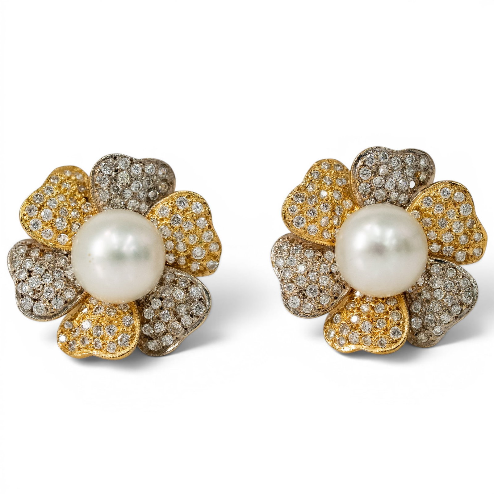 14K Two-Tone Gold Diamond & Pearl Flower Earrings: 14K Two-Tone Gold Diamond & Pearl Flower Earrings Late 20th Century Pair of large 14K two-tone gold flower earrings with yellow and white gold pavé-set petals with approximately 2.4 cts of round bril