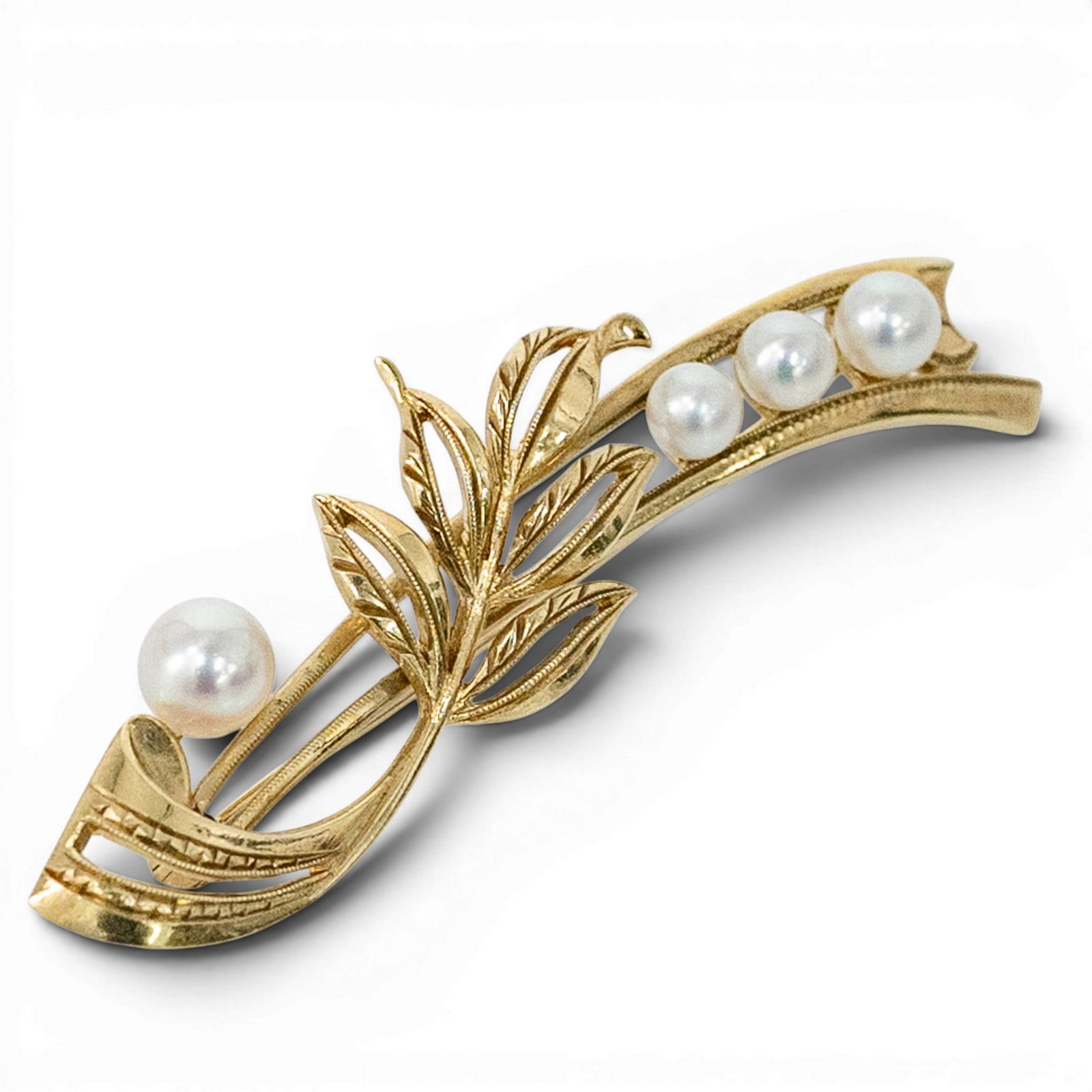 Vintage Mikimoto 14k Gold & Pearl Leaf Brooch: Vintage Mikimoto 14k Gold & Pearl Leaf Brooch 1960s-1970s, Japanese Vintage Mikimoto 14k yellow gold brooch designed as a naturalistic leaf spray, set with four cultured pearls measuring approximately