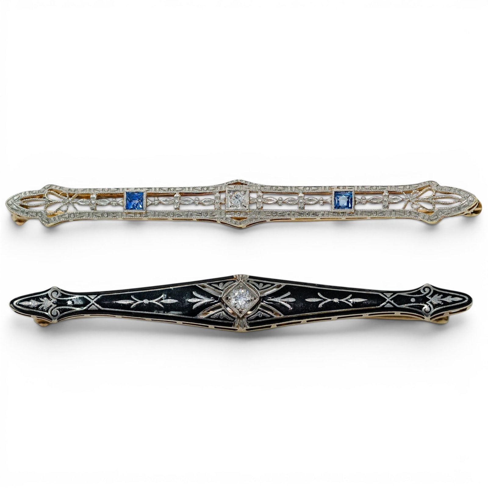 (2 Pcs) Art Deco 14k Gold Diamond Sapphire & Enamel Bar Pins Signed: (2 Pcs) Art Deco 14k Gold Diamond Sapphire & Enamel Bar Pins Signed 1920s-1930s Set of Art Deco 14k gold bar pins, one with black enamel detailing and a center diamond weighing approximately 0.15 cara