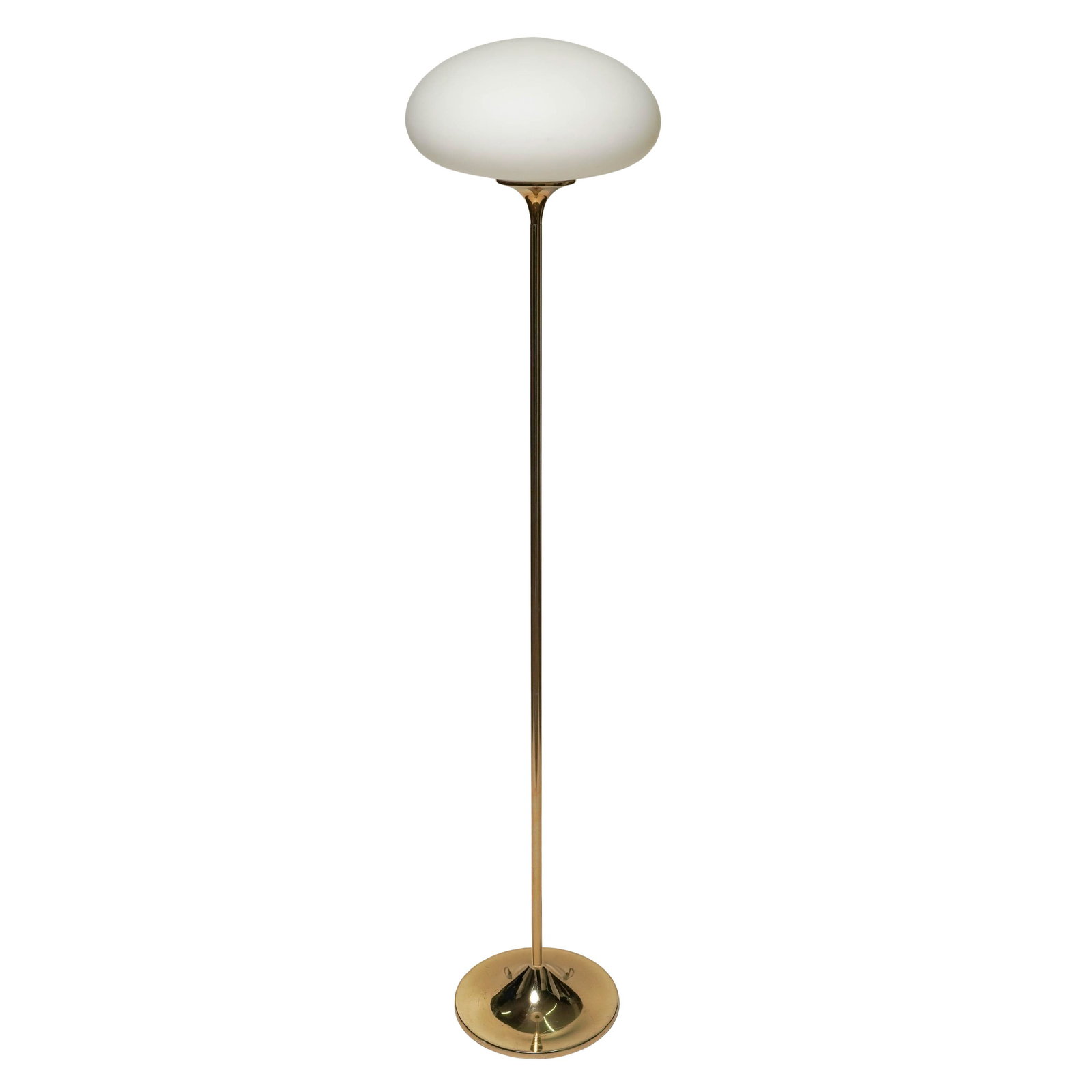 MCM Brass & Glass Mushroom Floor Lamp: MCM Brass & Glass Mushroom Floor Lamp Mid 20th century Mid century modern mushroom floor lamp with a white frosted glass shade and brass finish. Electrified. Lamp H 51" x Base diameter 9.75" Shade H 6