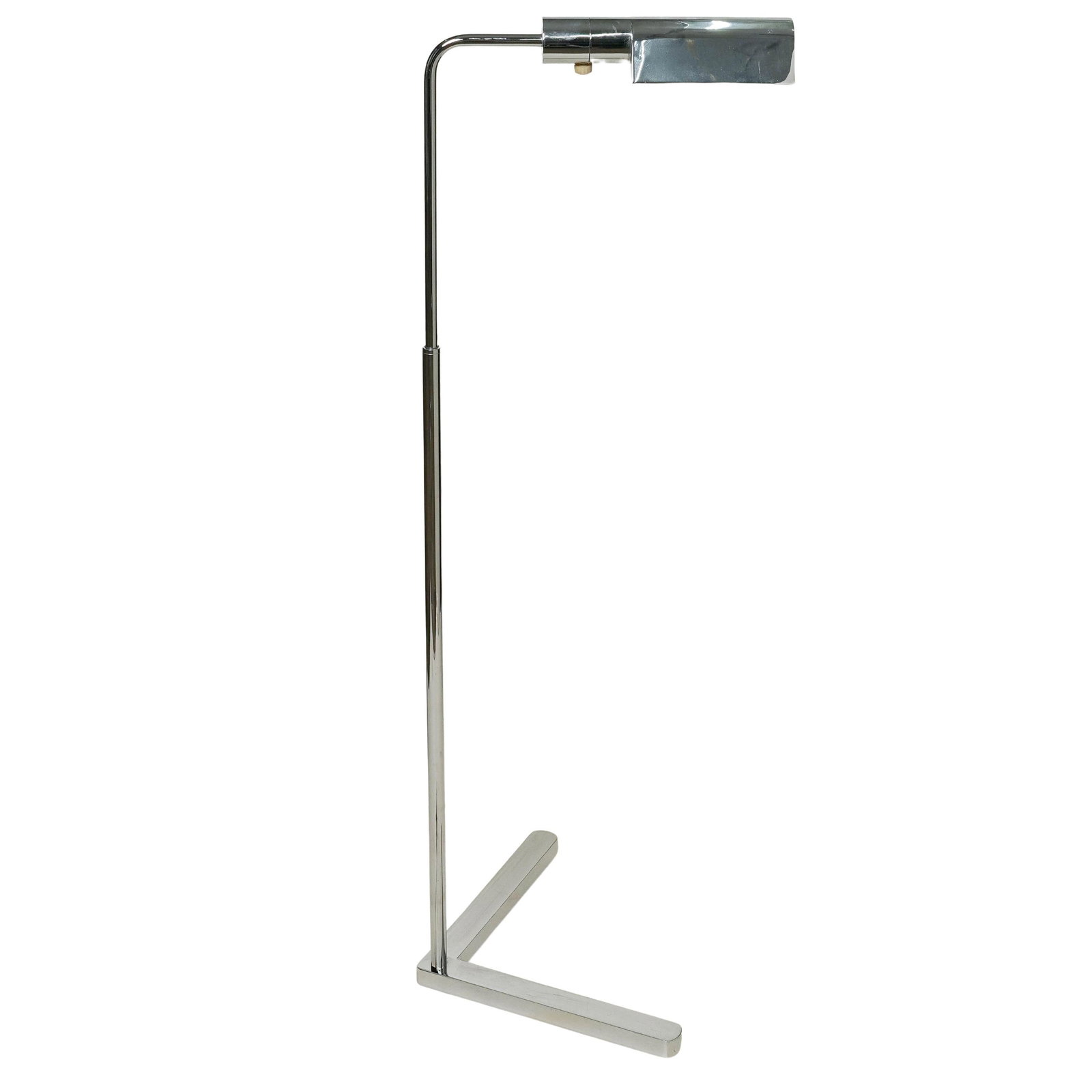 Vintage MCM Chrome Floor Lamp: Vintage MCM Chrome Floor Lamp Mid 20th century This lighting fixture is a vintage mid-century modern chrome floor lamp. Sleek, geometric profile complete with a space-saving "V"-shaped flat bar base. 