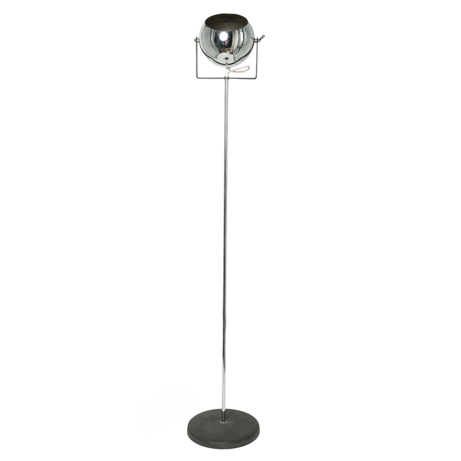 MCM Chrome Spherical Spotlight Floor Lamp: MCM Chrome Spherical Spotlight Floor Lamp Mid 20th Cent. This vintage floor lamp features a minimalist design defined by a distinct spherical spotlight shade. The glass or metallic globe is suspended 