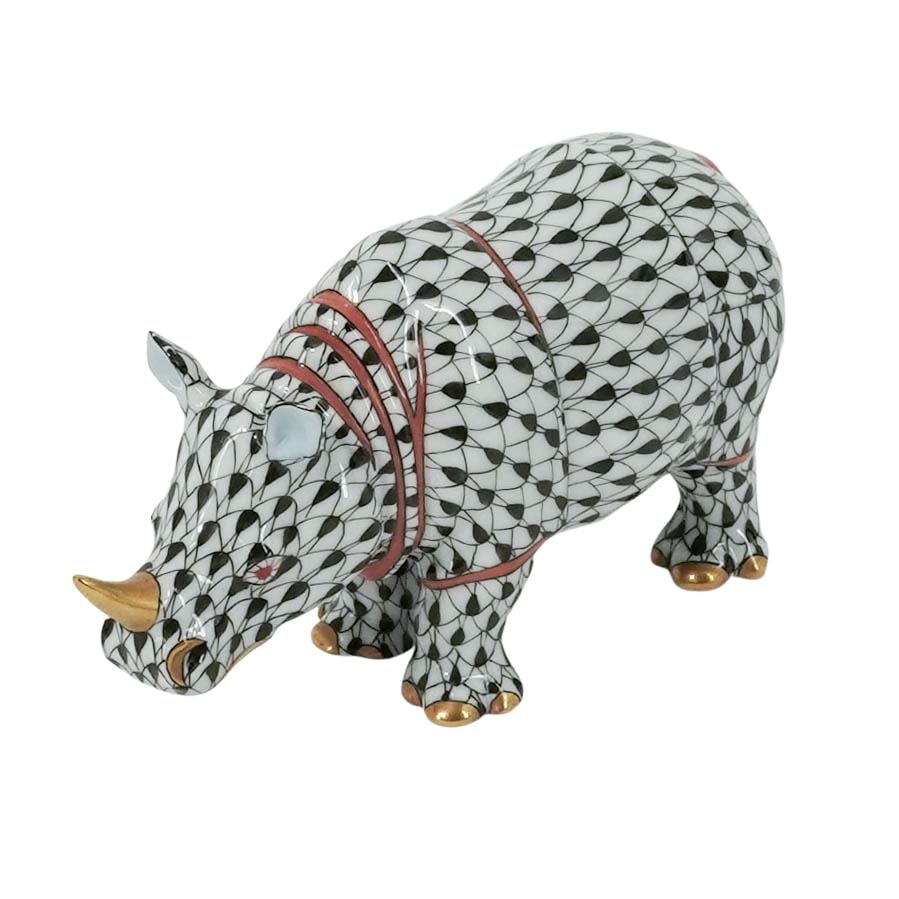 Herend Black Fishnet Porcelain Rhino: Herend Black Fishnet Porcelain Rhino 20th century, Hungarian A Herend porcelain rhino figurine, number 15333 in the black fishnet color way. Marked on bottom with Herend hallmarks, "15333/VHN 16 D 95