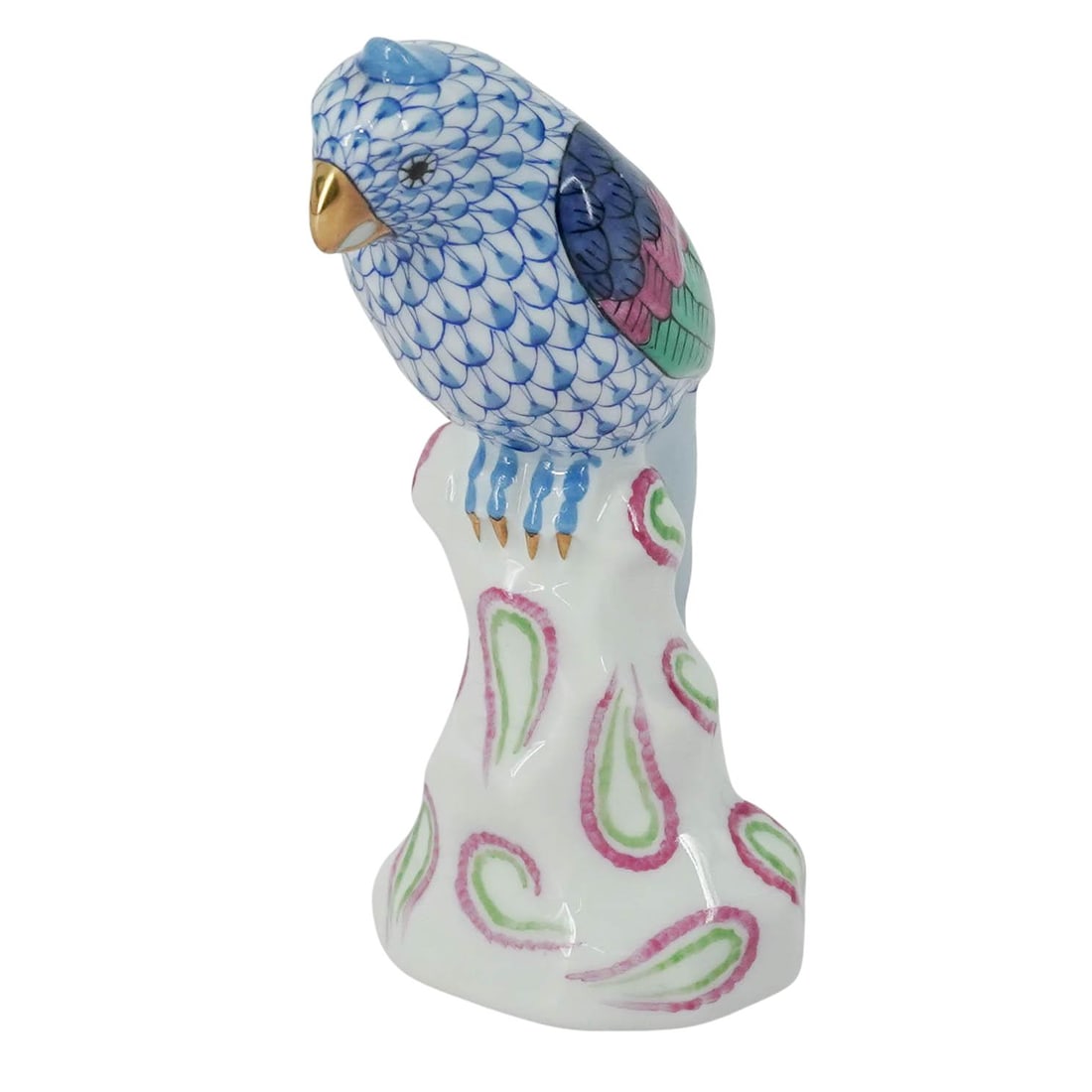 Herend Blue Fishnet Porcelain Parrot: Herend Blue Fishnet Porcelain Parrot Mid to late 20th century, Hungarian A miniature Herend porcelain parrot-standing (number 5004) in the blue fishnet color way. Marked on bottom with Herend hallmark