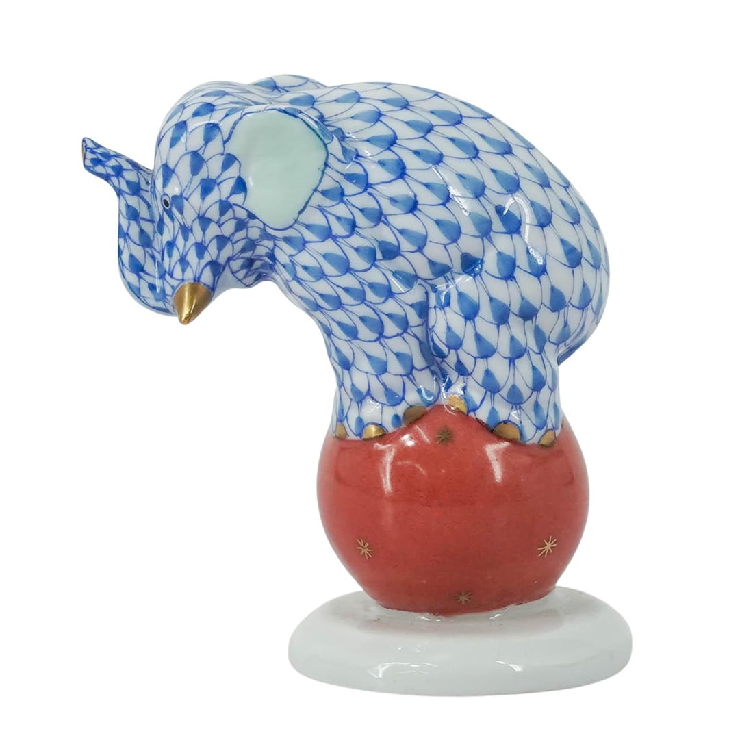Herend Blue Fishnet Porcelain Elephant on Ball: Herend Blue Fishnet Porcelain Elephant on Ball Mid to late 20th century, Hungarian A miniature Herend porcelain ball on elephant figurine (number 5215) in the blue fishnet color way. Marked on bottom 