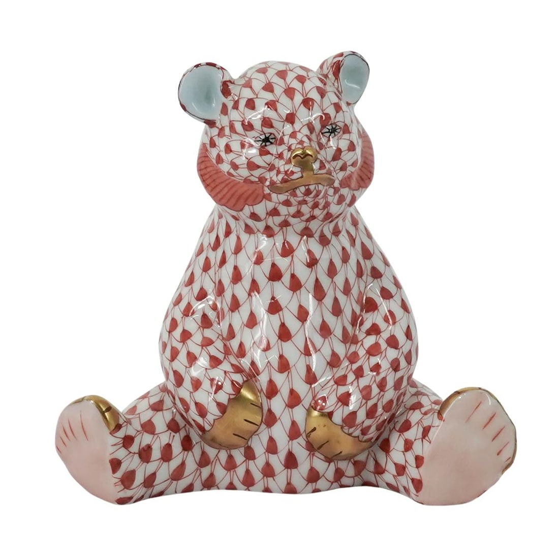 Herend Porcelain Rust Fishnet Bear: Herend Porcelain Rust Fishnet Bear 20th century, Hungarian A Herend porcelain bear figurine number 15361 in the rust or red fishnet color way. Marked on bottom with Herend hallmarks, "L 91 209". H