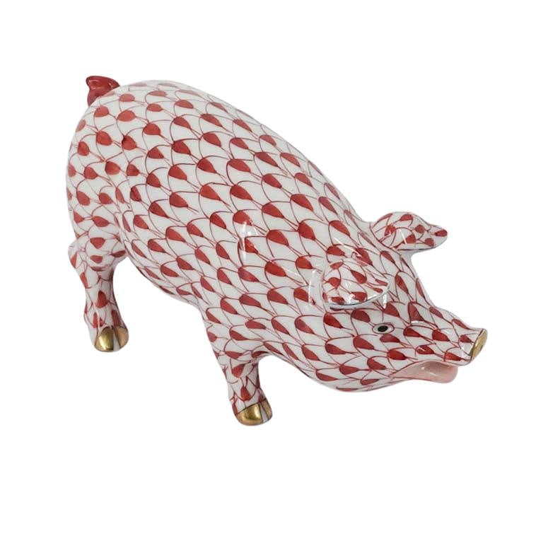 Herend Red Fishnet Porcelain Pig: Herend Red Fishnet Porcelain Pig Mid to late 20th century, Hungarian A miniature Herend porcelain pig figurine (number 15301) in the red or rust fishnet color way. Marked on bottom with Herend hallmar