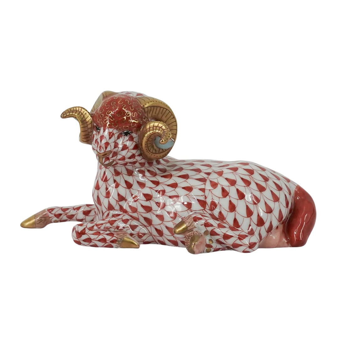 Herend Rust Fishnet Porcelain Ram: Herend Rust Fishnet Porcelain Ram Late 20th century, Hungarian A miniature Herend porcelain ram figurine (number 15379) in the rust or red fishnet color way. Marked on bottom with Herend hallmark, "19