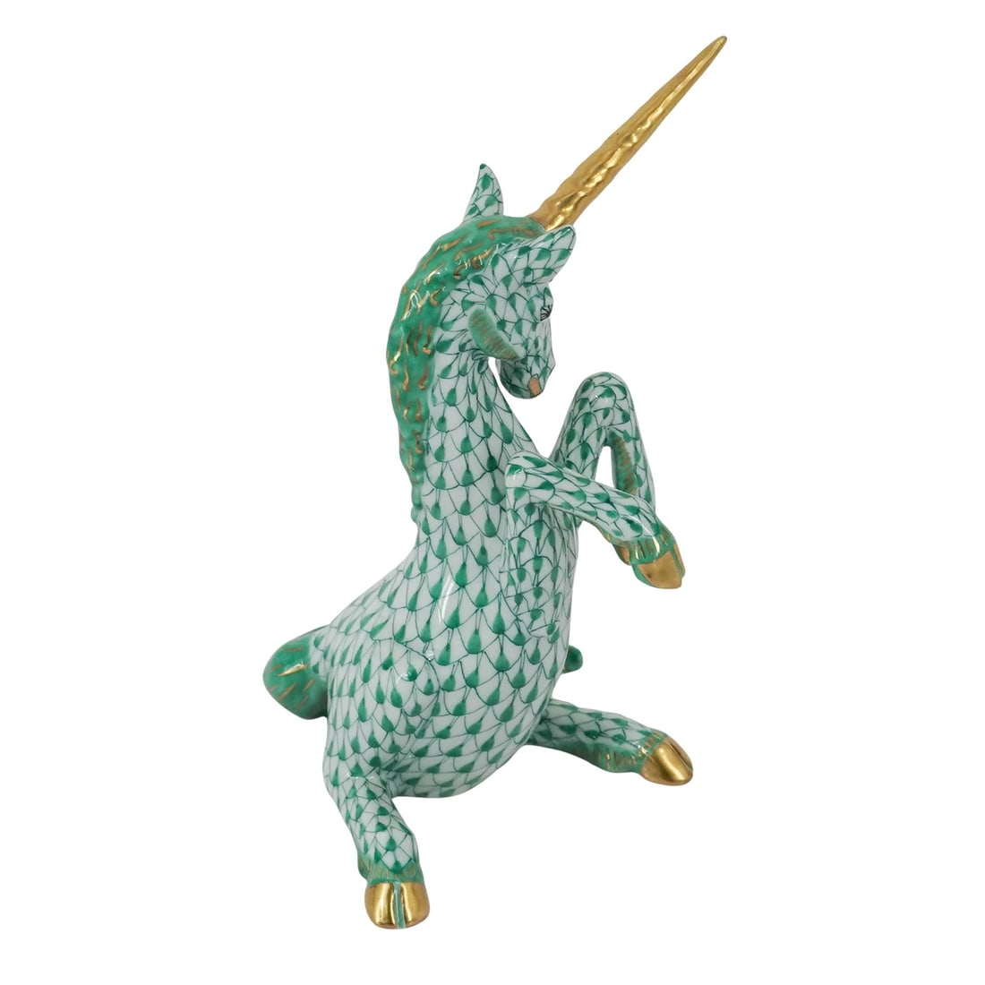 Herend Green Fishnet Porcelain Unicorn: Herend Green Fishnet Porcelain Unicorn Late 20th century, Hungarian A miniature Herend porcelain unicorn (number 15370) in the green fishnet color way. Marked on bottom with Herend hallmark, "15370" "