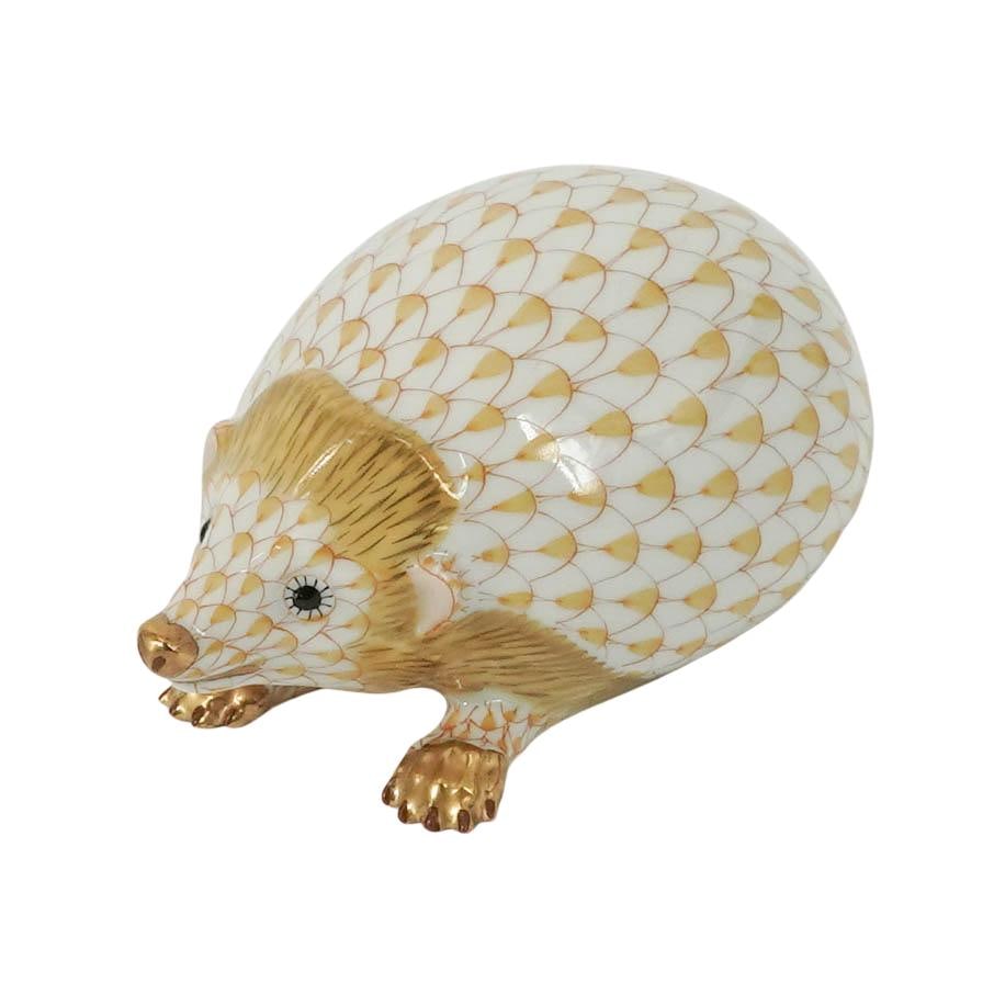 Herend Butterscotch Fishnet Porcelain Hedgehog: Herend Butterscotch Fishnet Porcelain Hedgehog 20th century, Hungarian A miniature Herend porcelain unicorn (number 15501) in the butterscotch fishnet color way. Marked on bottom with Herend hallmark,
