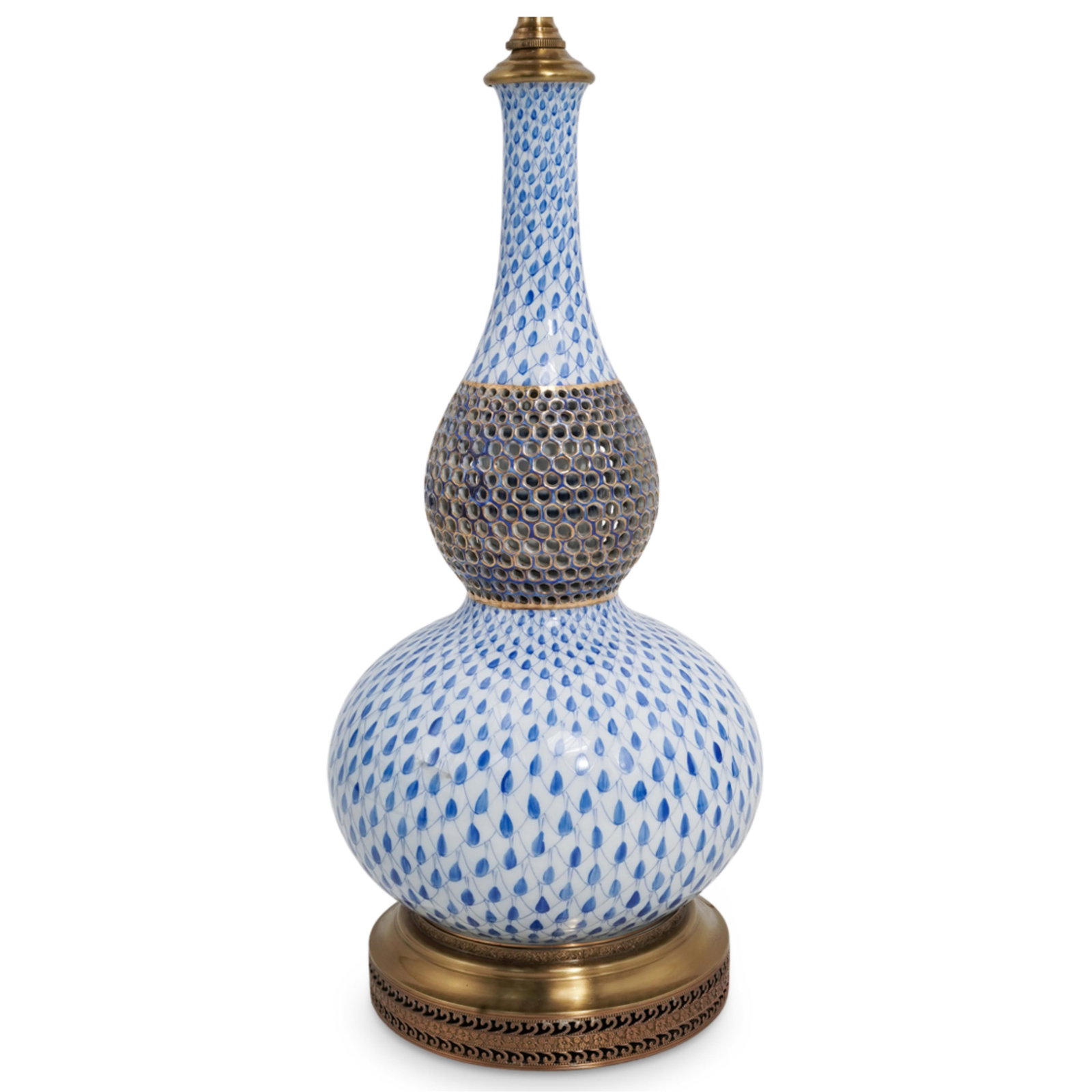 Herend Reticulated Blue Fishnet Table Lamp: Herend Reticulated Blue Fishnet Table Lamp 20th c., Hungary Herend style double gourd-shape lamp featuring an openwork center decorated with a blue fishnet pattern and gilded accents. It is mounted to