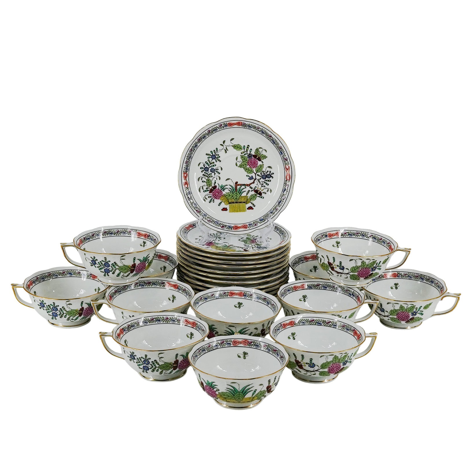 (24 Pc) Herend Indian Basket Porcelain Cups & Saucers (1 of 20)