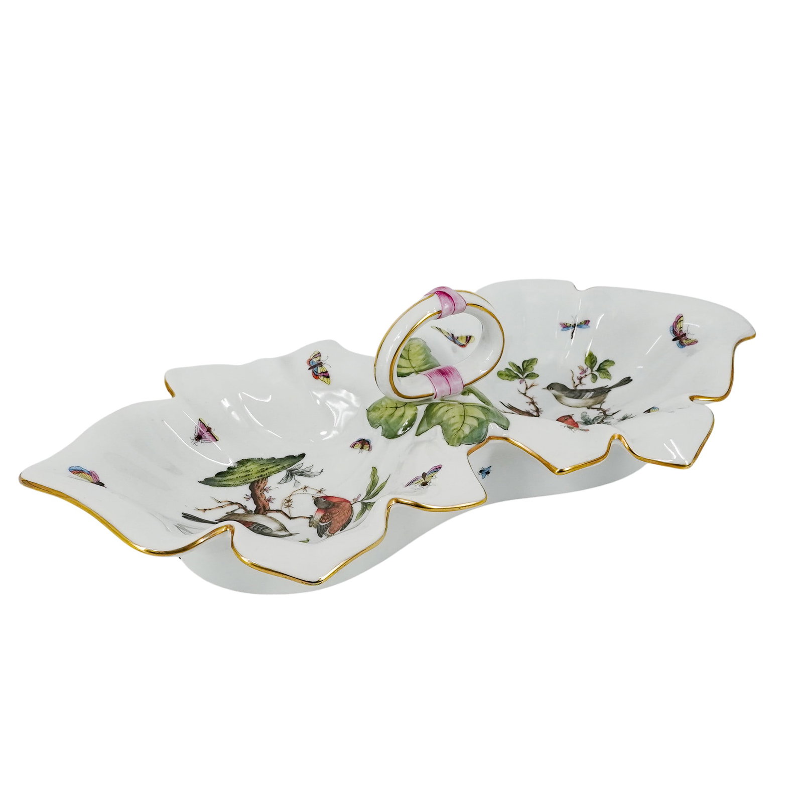 Herend "Rothschild Bird" Double Leaf Dish: Herend "Rothschild Bird" Double Leaf Dish 20th century, Hungarian Herend double leaf dish in the "Rothschild Bird" pattern. Marked on bottom with Herend hallmarks and "7511/RO". #19470 H 5.25" x L 18"