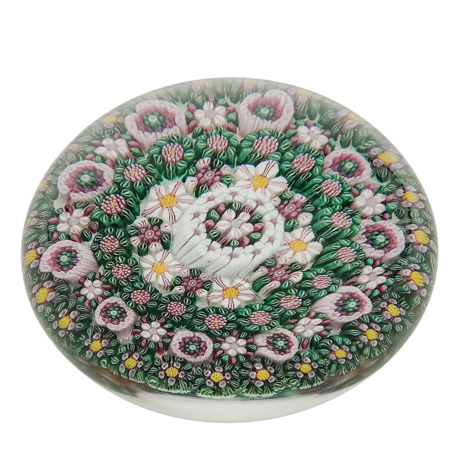 Drew Ebelhare "Close Concentric" Millefiori Glass Paperweight: Drew Ebelhare "Close Concentric" Millefiori Glass Paperweight 1993. American This original concentric millefiori paperweight by American artist Drew Ebelhare features a complex radial design set again