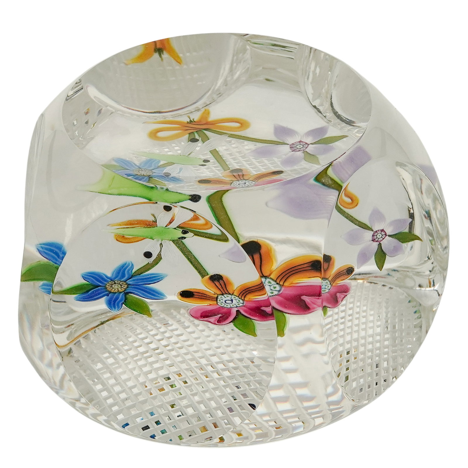 Perthshire Bouquet & Dragonfly Art Glass Paperweight: Perthshire Bouquet & Dragonfly Art Glass Paperweight 1974. Scottish A Perthshire paperweight from 1974 featuring a central lampwork bouquet of vibrant, multi-colored flowers tied with a yellow bow. Ho