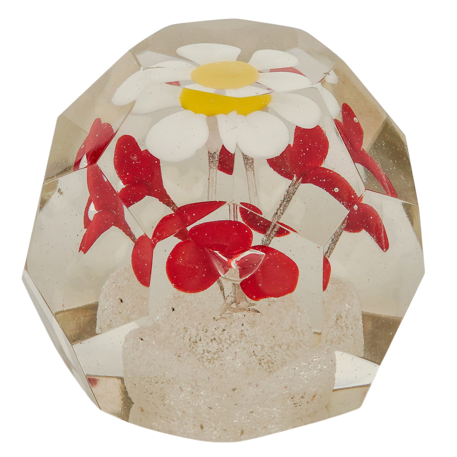 Vintage Bohemian Lampwork Glass Paperweight: Vintage Bohemian Lampwork Glass Paperweight Mid 20th Cent., Czech This vintage faceted lampwork paperweight features a central white-petaled daisy with a vibrant yellow center, surrounded by deep red 