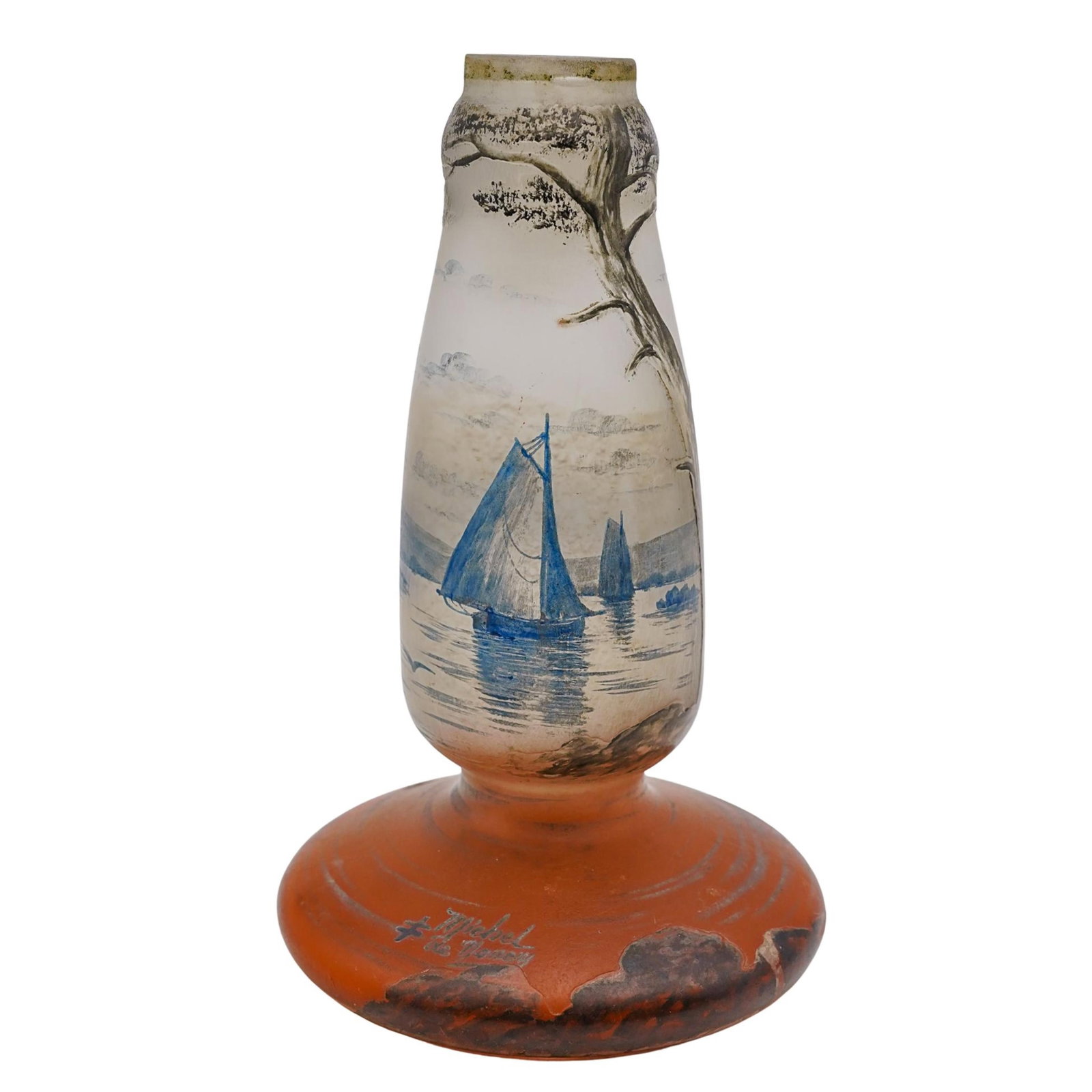 Antique French Michel De Nacy Glass Lamp Base: Antique French Michel De Nacy Glass Lamp Base Early 20th century, France The glass lamp base is made of frosted glass and depicts a lake scene with boats and a tree. It is signed "Michel De Nacy" on t