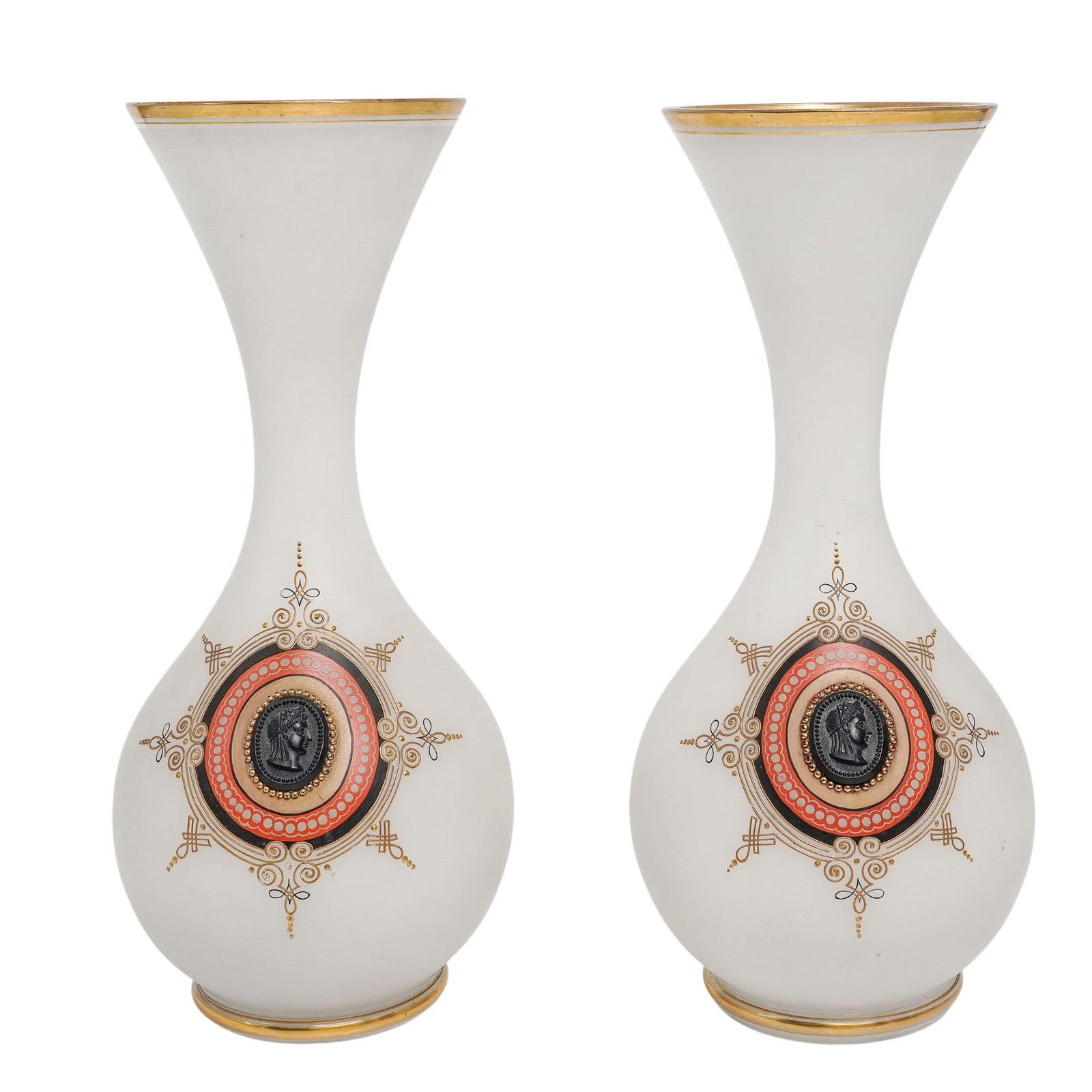 Pair of Large Bristol Glass Cameo Vases: Pair of Large Bristol Glass Cameo Vases 20th Century, England. Pair of large Bristol glass cameo vases, featuring elegant white satin glass bodies with gilt trim and classical-style medallion decorati