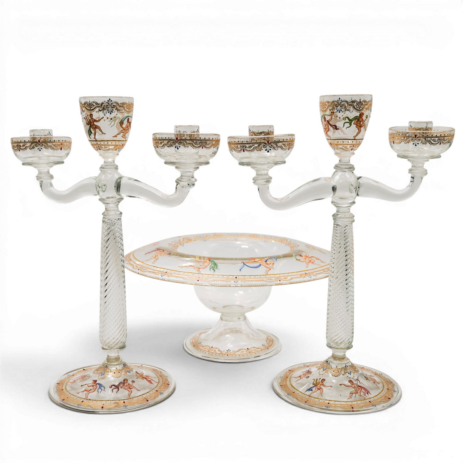 (3pc) Murano Salviati Enameled Glass Bowl & Candelabras: (3pc) Murano Salviati Enameled Glass Bowl & Candelabras Mid 20th Cent., Italian This is a Murano Salviati enameled glass set, comprising a large centerpiece compote bowl and matching three-light twin 