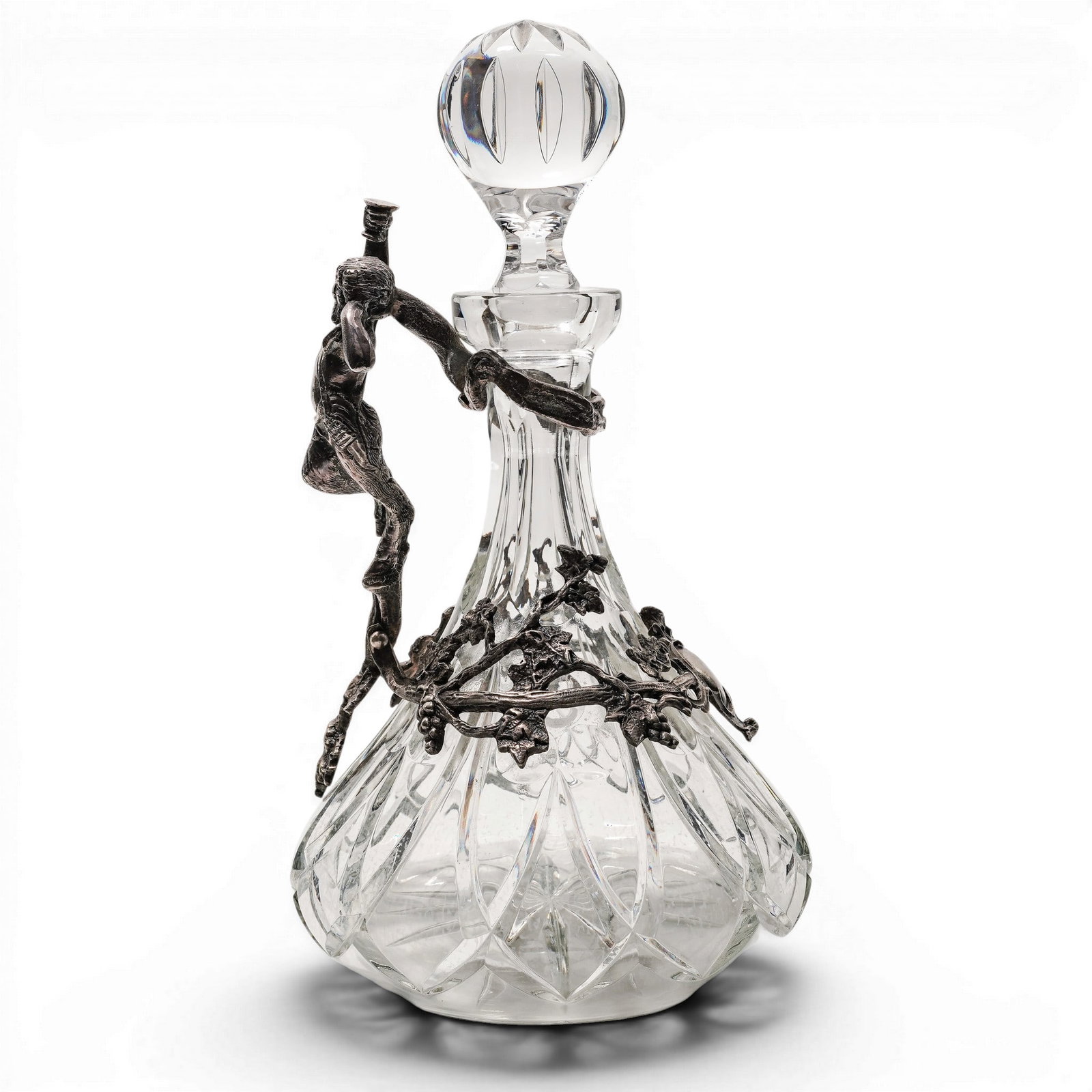 Art Nouveau Mounted Silver-Plated & Crystal Pan The Faun Decanter: Art Nouveau Mounted Silver-Plated & Crystal Pan The Faun Decanter Mid 20th Cent. Art Nouveau crystal decanter featuring a striking silver-plated metal mount, characterized by a mythical satyr or faun 