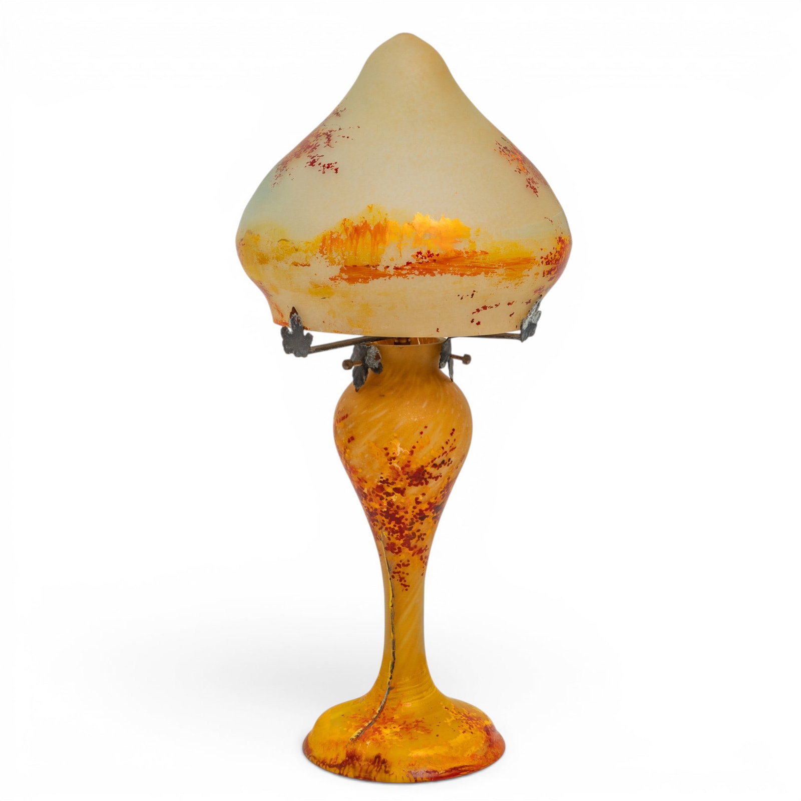 Art Nouveau Style Painted Scenic Glass Table Lamp: Art Nouveau Style Painted Scenic Glass Table Lamp 20th. Cent. This is an Art Nouveau-style scenic table lamp, featuring an atmospheric autumn landscape hand-painted on the obverse (exterior) surface o