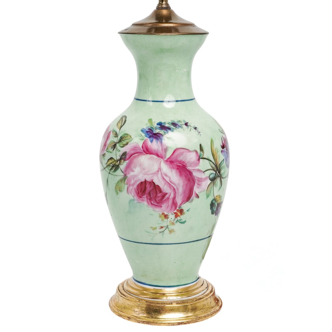 Vintage Hand Painted Porcelain Table Lamp: Vintage Hand Painted Porcelain Table Lamp Mid 20th Cent A vintage hand-painted porcelain table lamp, characterized by its light green ground and pink rose motifs inspired by European porcelain traditi
