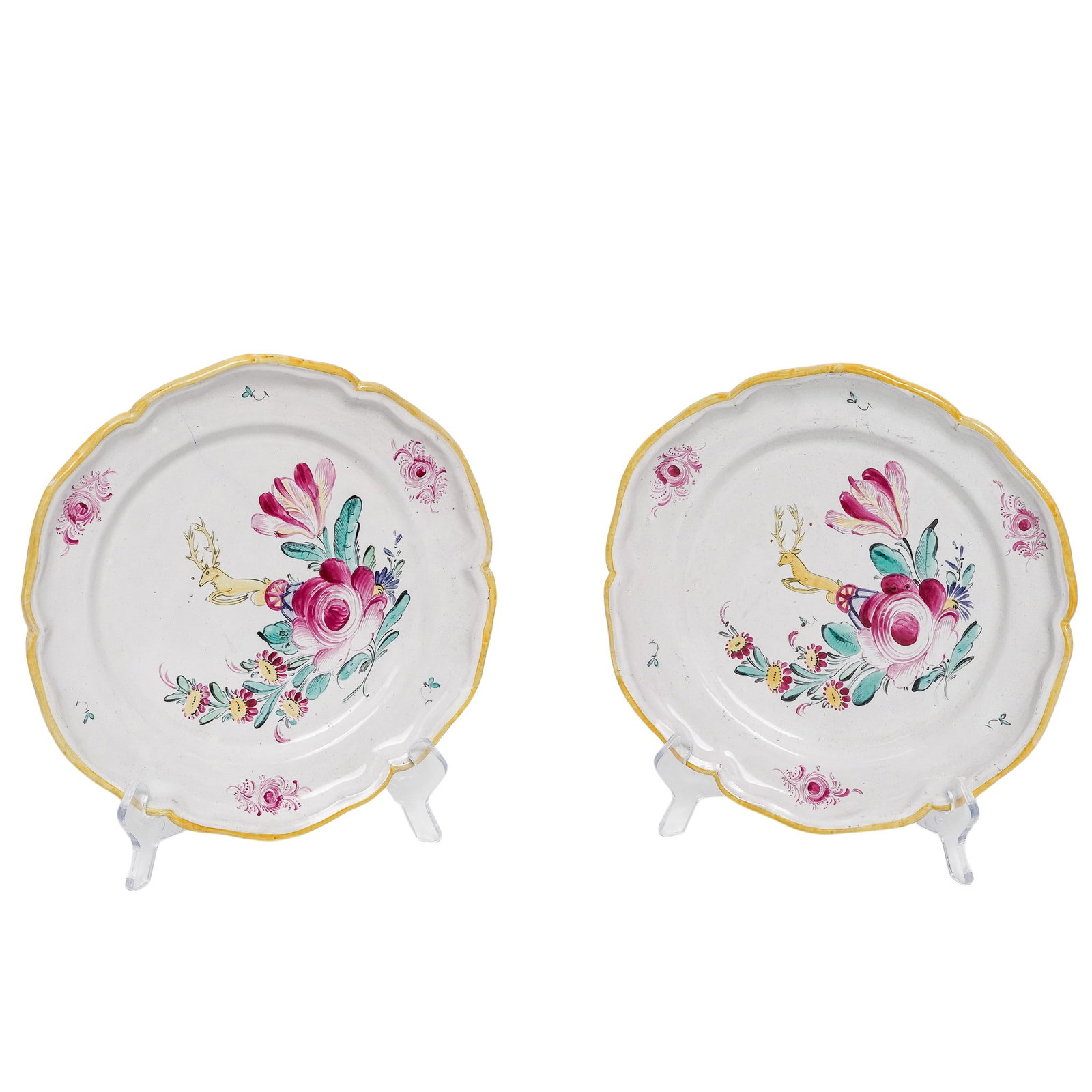 Pair of Antique French Faience Floral & Deer Plates (1 of 4)
