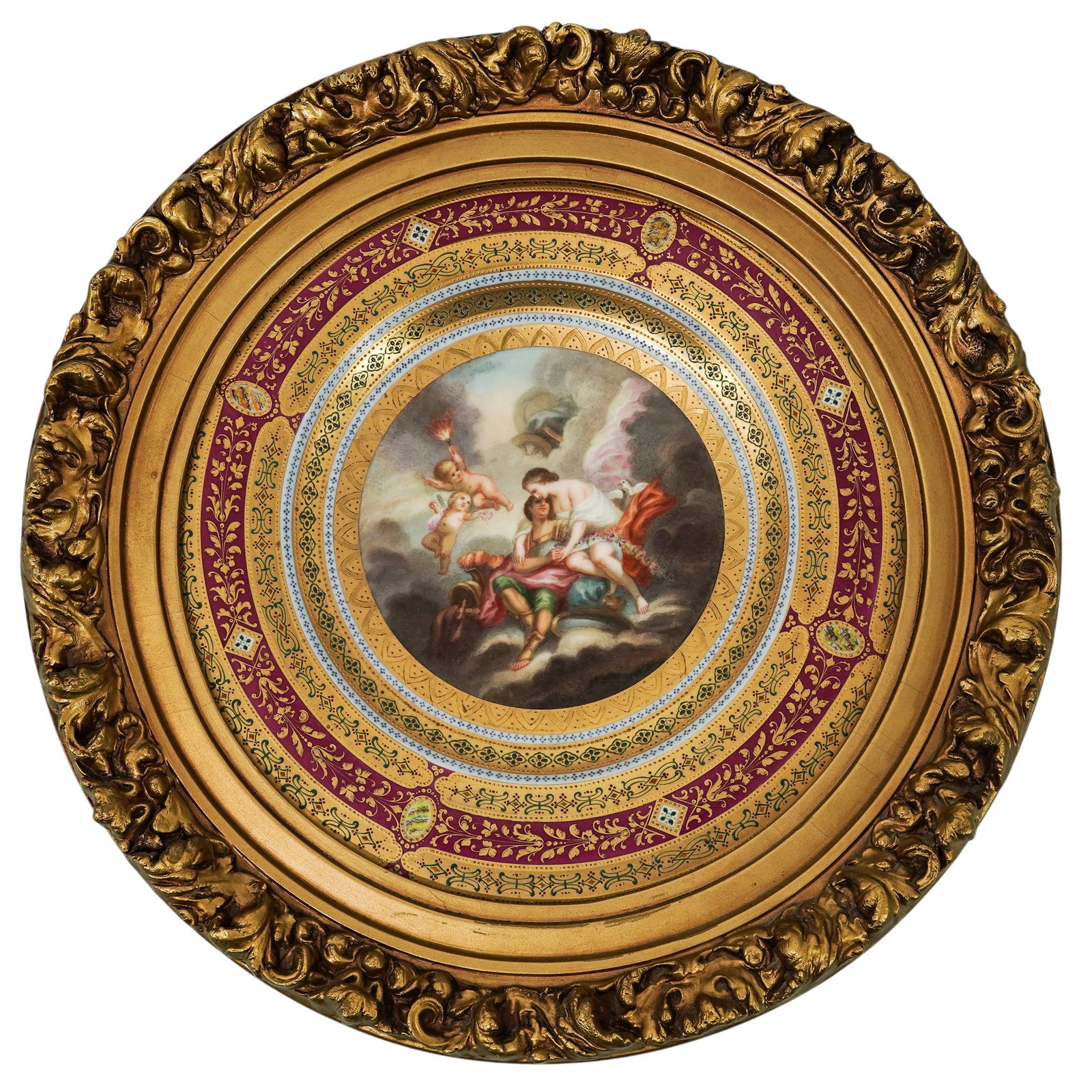 19th Cent. Royal Vienna Porcelain Cabinet Plate: 19th Cent. Royal Vienna Porcelain Cabinet Plate 19th Cent., Austrian This antique Royal Vienna porcelain cabinet plate features a hand-painted neoclassical scene at its center, depicting a couple and 