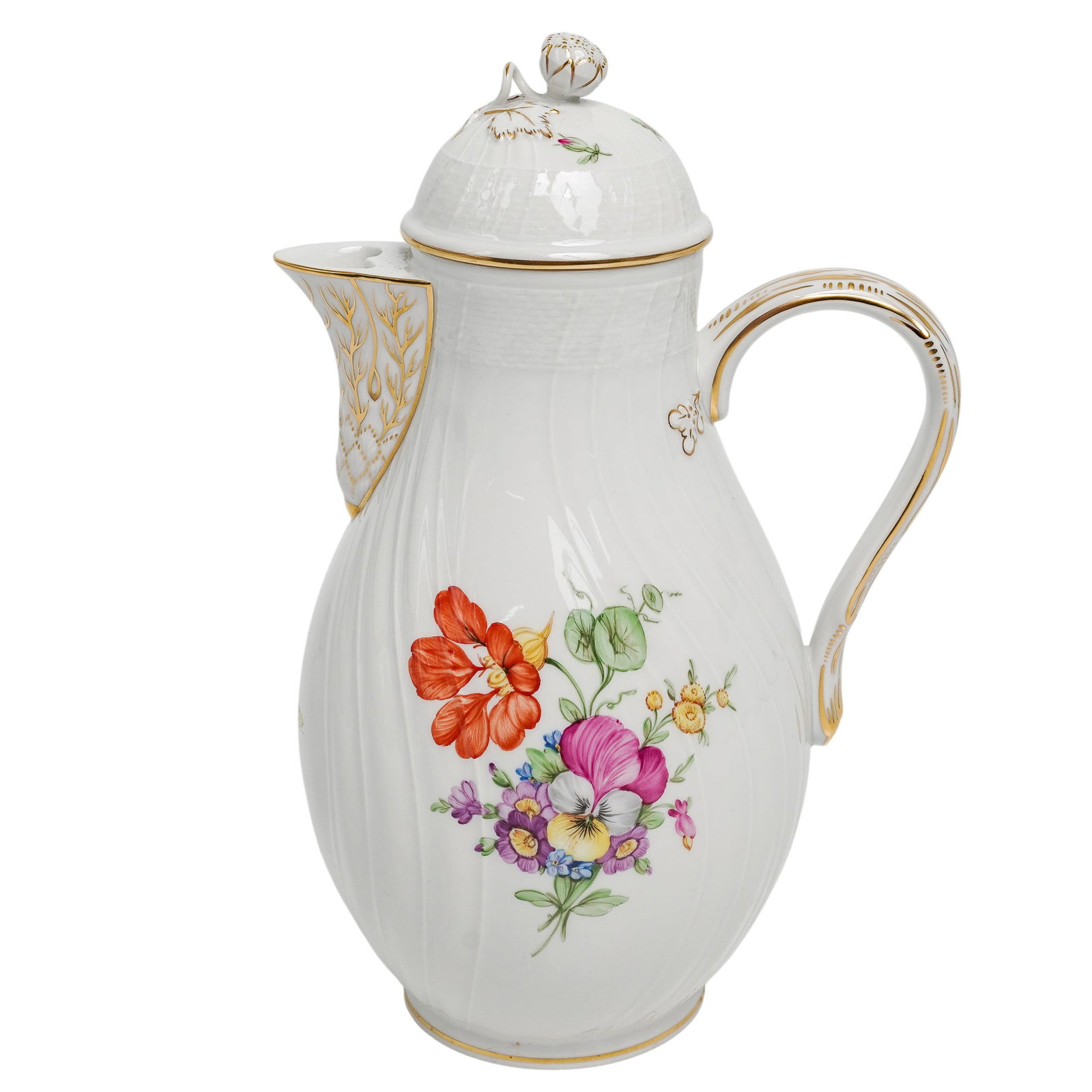 Antique KPM Porcelain Floral Coffee Pot: Antique KPM Porcelain Floral Coffee Pot Early 20th Century, Germany Antique KPM porcelain coffee pot, decorated with hand-painted floral sprays on a molded white ground with gilt accents and scrolling