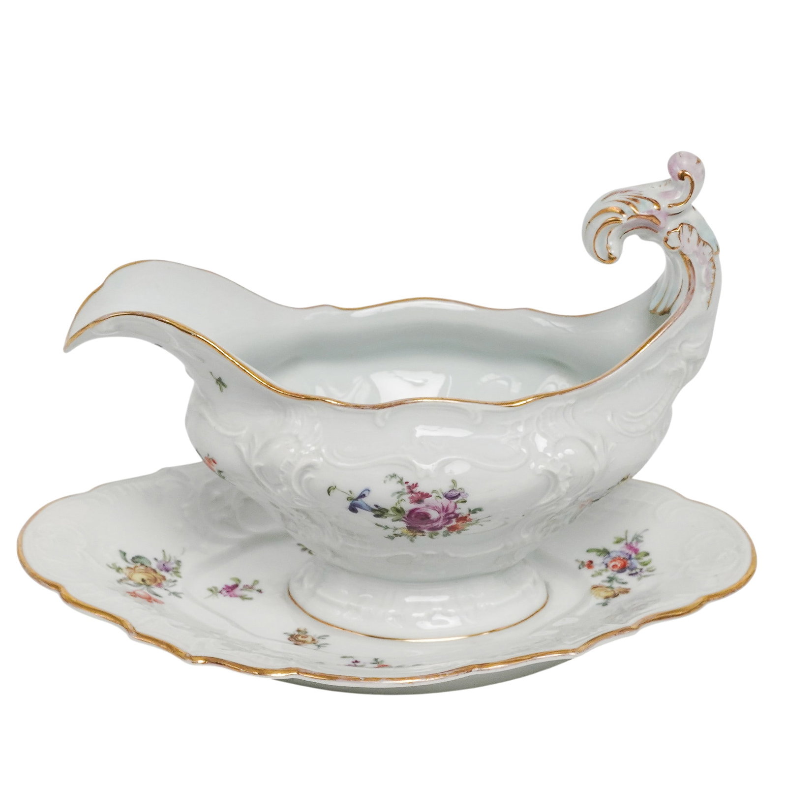 Antique Dresden Porcelain Floral Gravy Boat: Antique Dresden Porcelain Floral Gravy Boat Late 19th Century, Germany Decorated with hand-painted floral sprays, molded Rococo-style relief decoration, and gilt accents, featuring an ornate scrolling