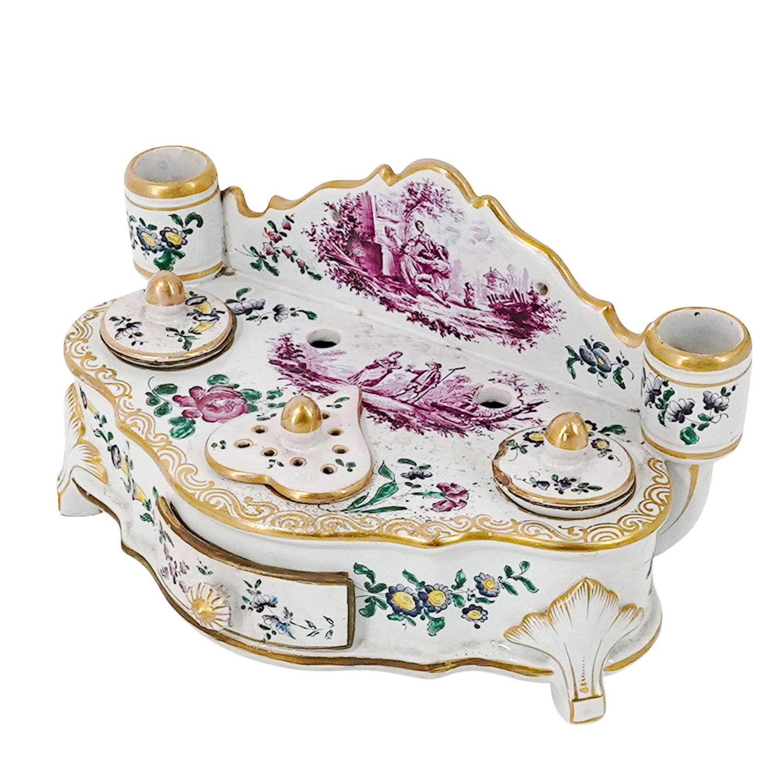 Antique French Faience Tin-Glazed Footed Inkstand: Antique French Faience Tin-Glazed Footed Inkstand Late 18th Century, Germany. Of shaped form with hand-painted floral decoration, gilt highlights, and purple transfer scenic panels, featuring fitted i