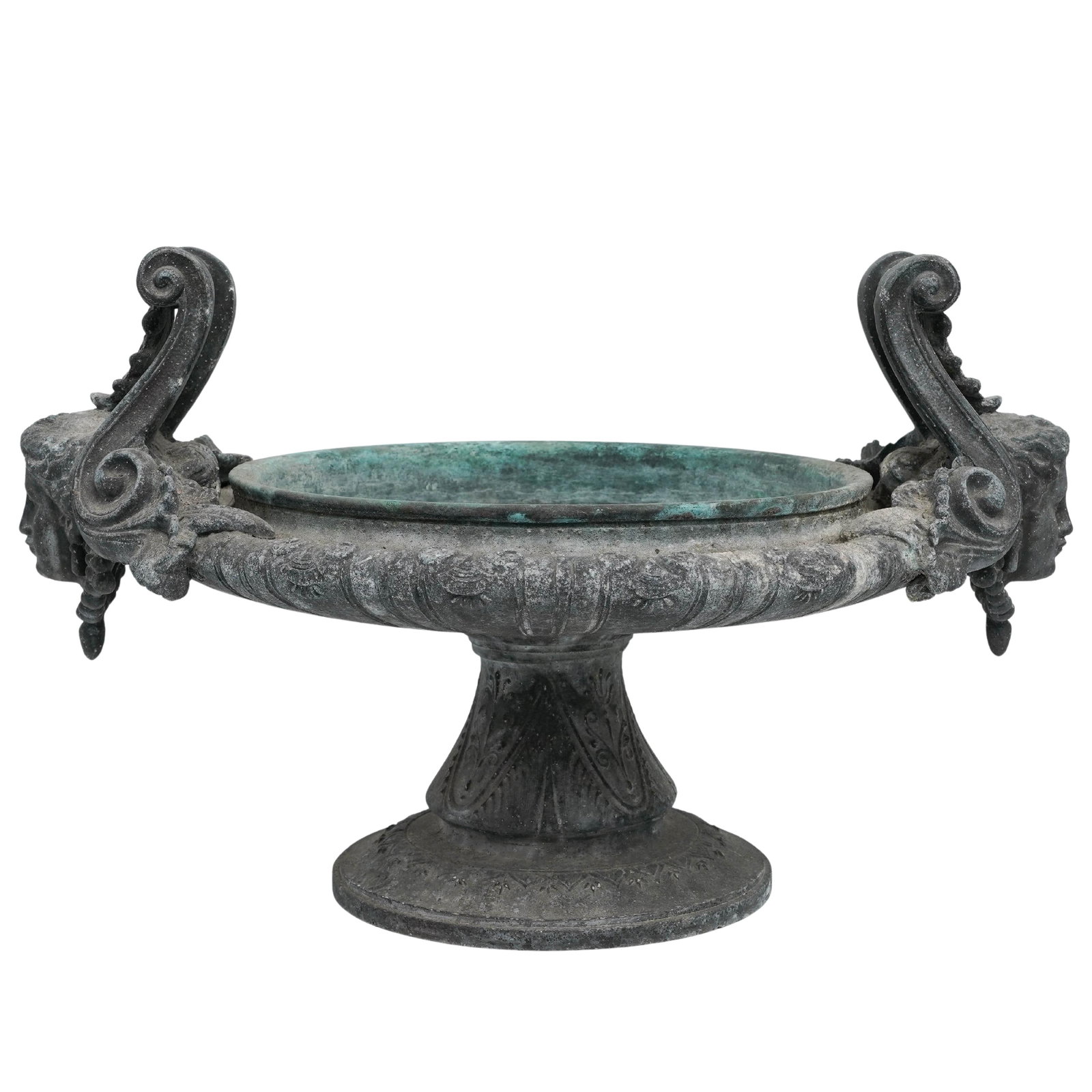 Antique Neoclassical Style Cast Iron Tazza: Antique Neoclassical Style Cast Iron Tazza Early 20th Cent. This is a Neoclassical-style tazza (a shallow, footed bowl) crafted from cast iron. Its design features dramatic acanthus leaf scroll handle