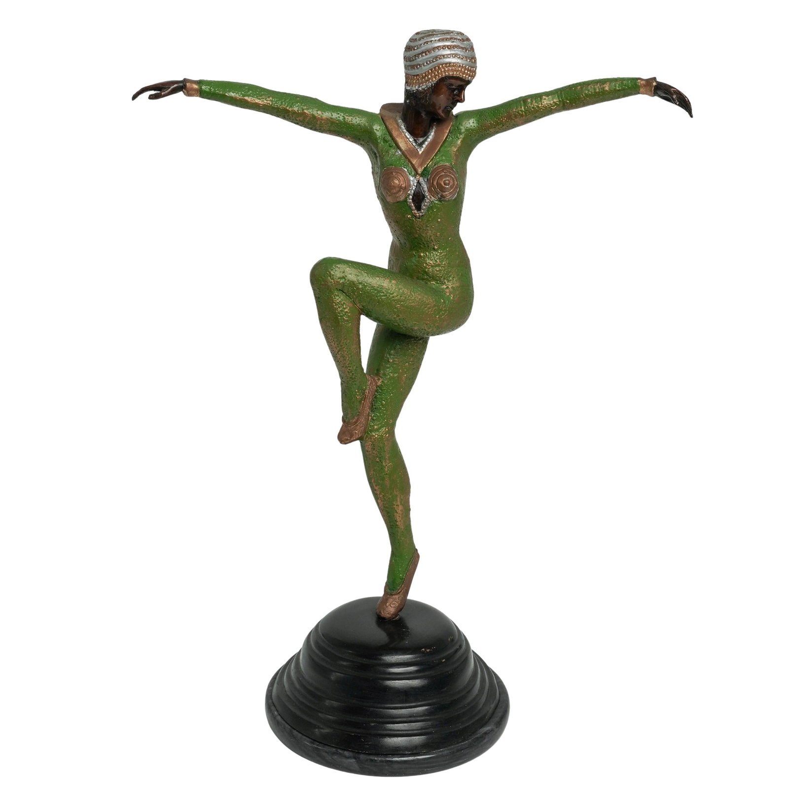 Large Demetre Chiparus Style Bronze Dancer Sculpture: Large Demetre Chiparus Style Bronze Dancer Sculpture 20th century, European The item features a full-length, freestanding Art Deco style sculpture of a female dancer. The dancer balances on her left l